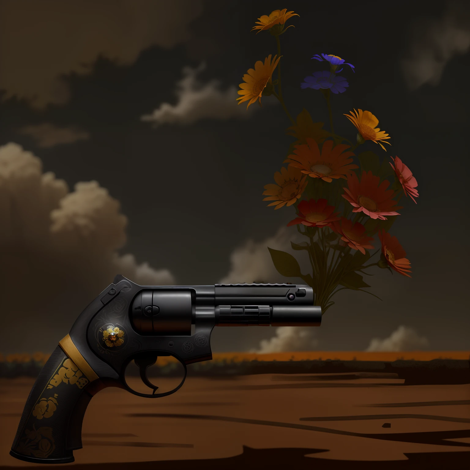 The flowers are colorful，Gun God mechanized，The background is random，The hand holding the gun，The smiley's smiley badge hangs on the wrist，Gun handle on hand，Flowers are more vivid，Overall printmaking style