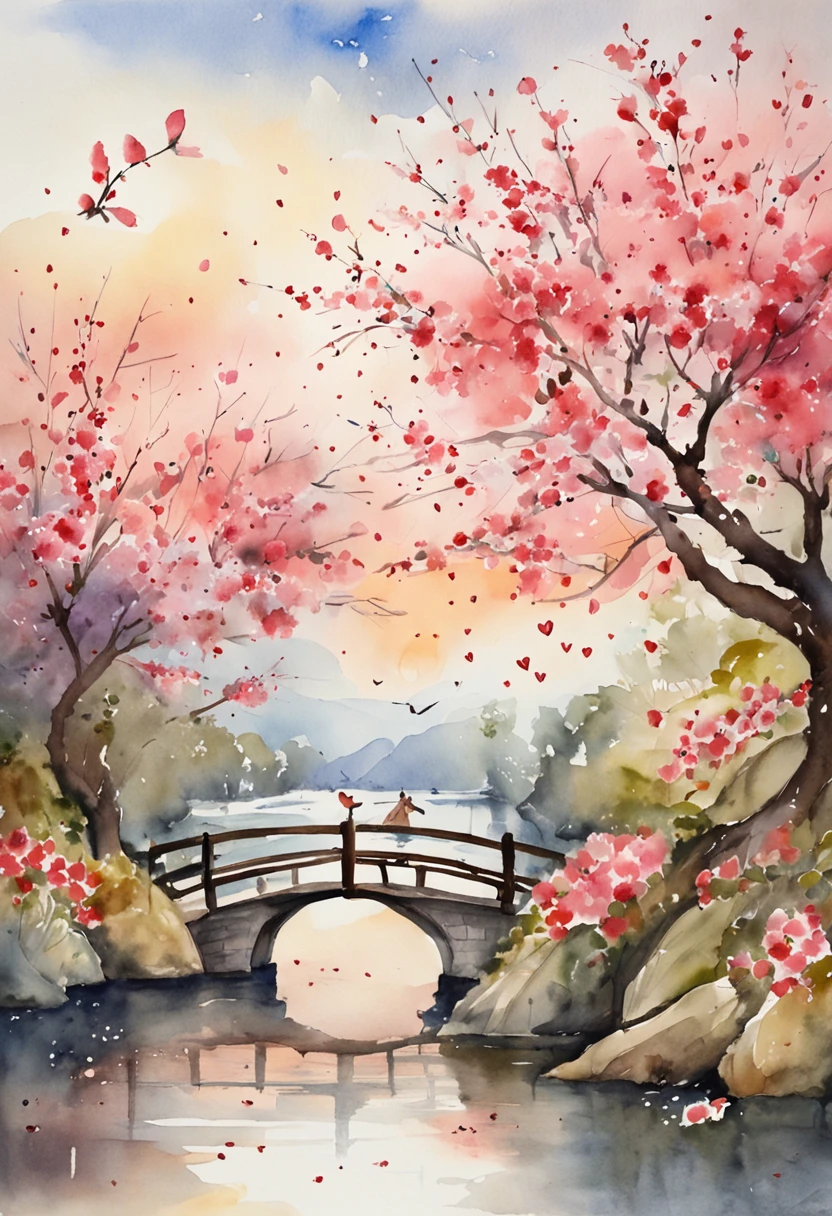 Tanabata Valentine's Day romantic poster,A man and a woman kiss on a wooden bridge,Peach blossoms bloom on both sides of the river,Countless pink petals fell from the sky,Several magpies flew around in the sky,closeup cleavage