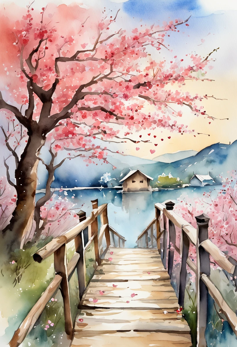 Tanabata Valentine's Day romantic poster，A man and a woman kiss on a wooden bridge，Peach blossoms bloom on both sides of the river，Countless pink petals fell from the sky，Several magpies flew around in the sky，closeup cleavage