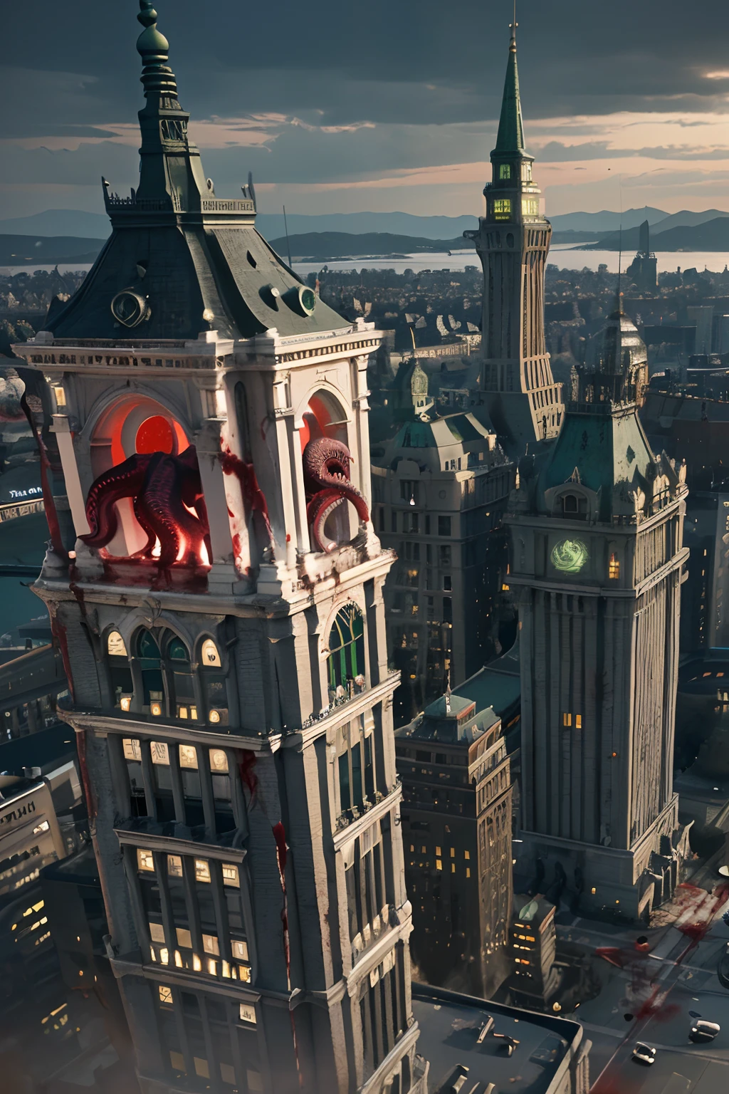 (((Cthulhu Mythos))),((Blood,Bloody)),Best quality, Masterpiece, A high resolution,extremely detailed CG wallpaper,Modern City,More details,(Stand on a tall building),(Black tentacles),(blood vess),kesulu