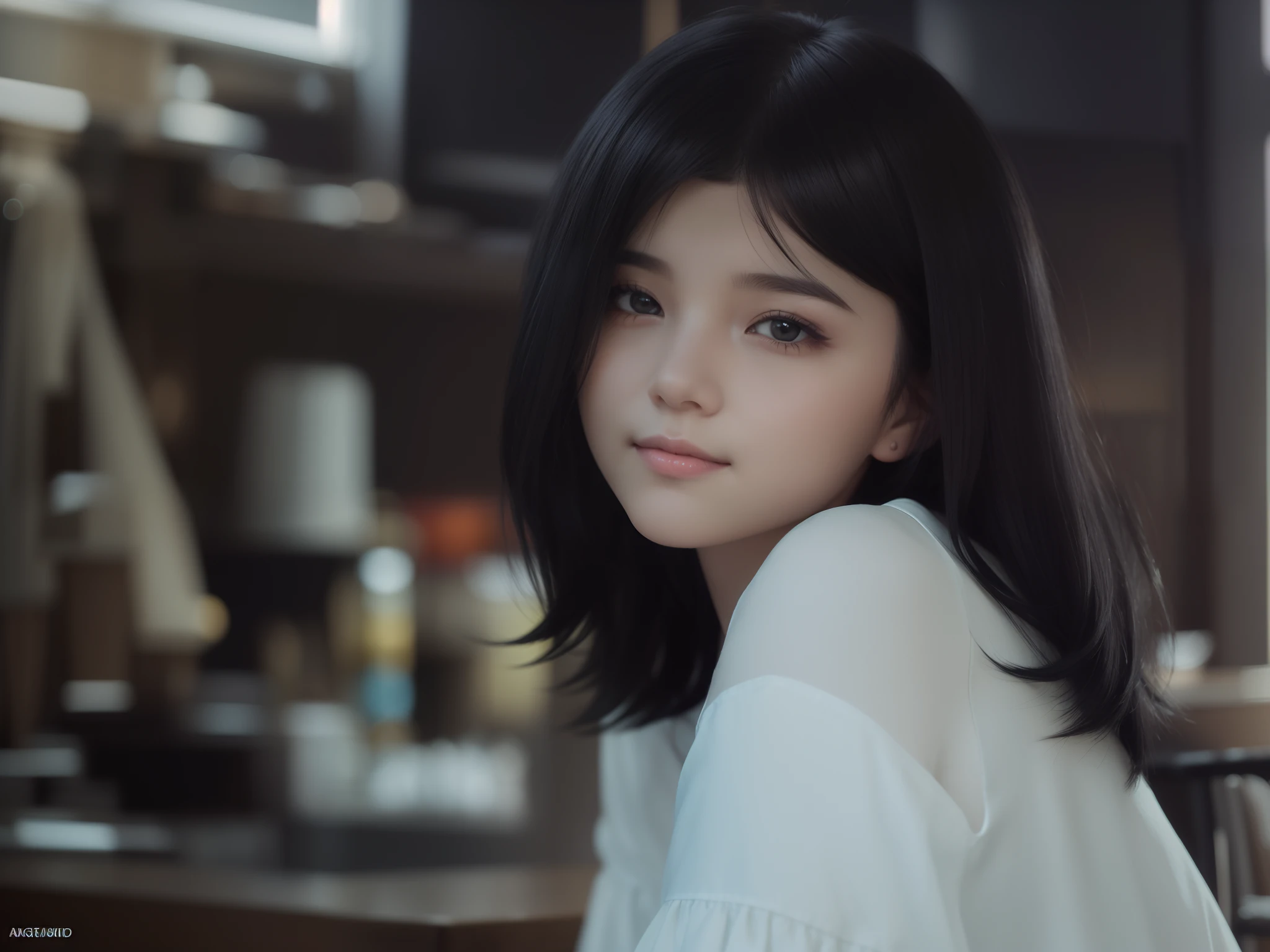Image of beautiful teenage girl with top quality CG illustration。In high resolution、Beautiful fine details、tranquil atmosphere。(((Black Hair Bob Hair)))、Cute smile with mouth closed。Girl in white light short sleeve dress standing in room。