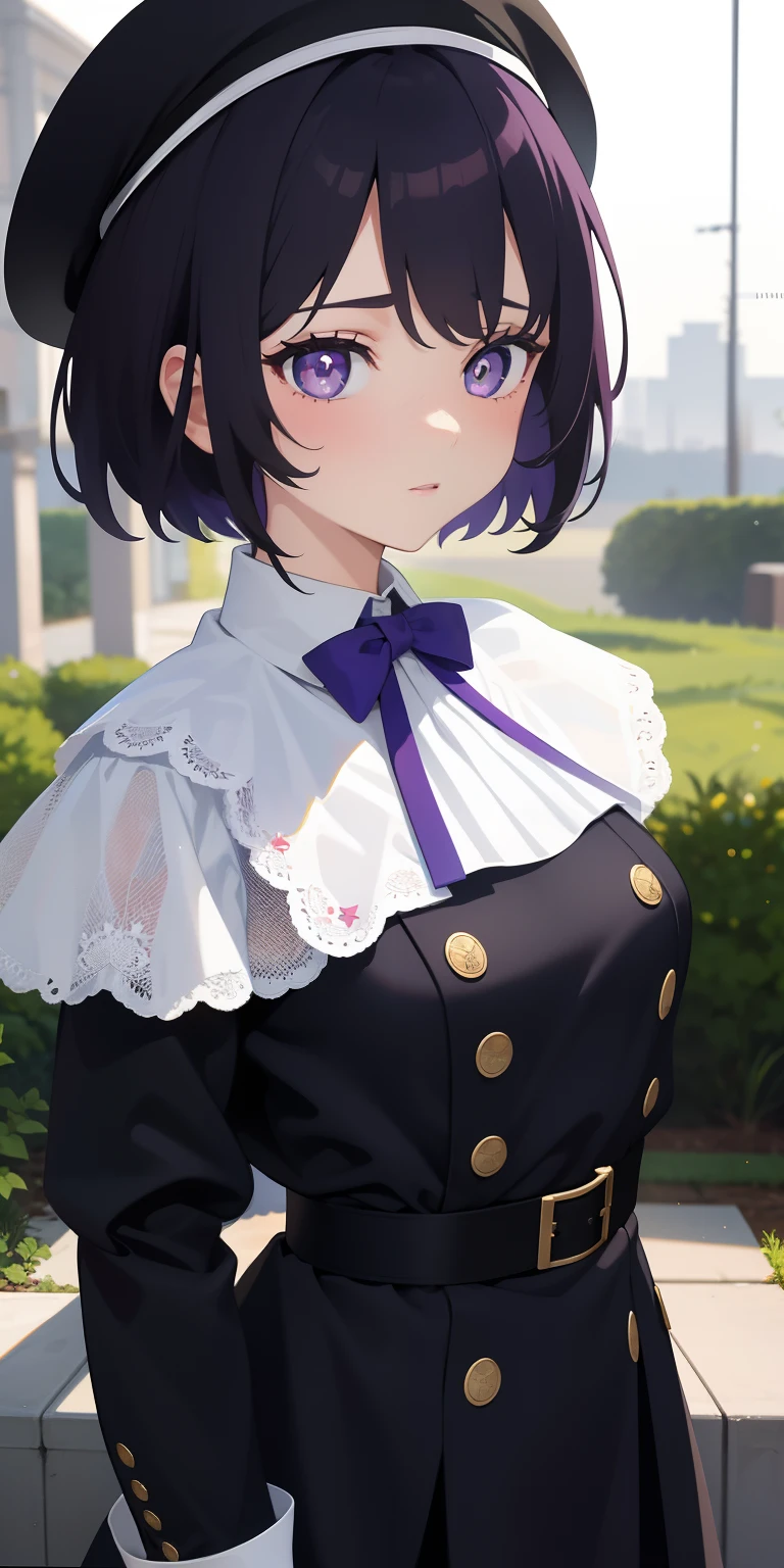 {{masterpiece}}, {{Top image quality}}}, {{The ultra-detailliert}}, {{illustratio}}, {{{1girl in}}}, short-haired,Purple pupils,A dark-haired、icons、mideum breasts、Wearing a beret、校服、