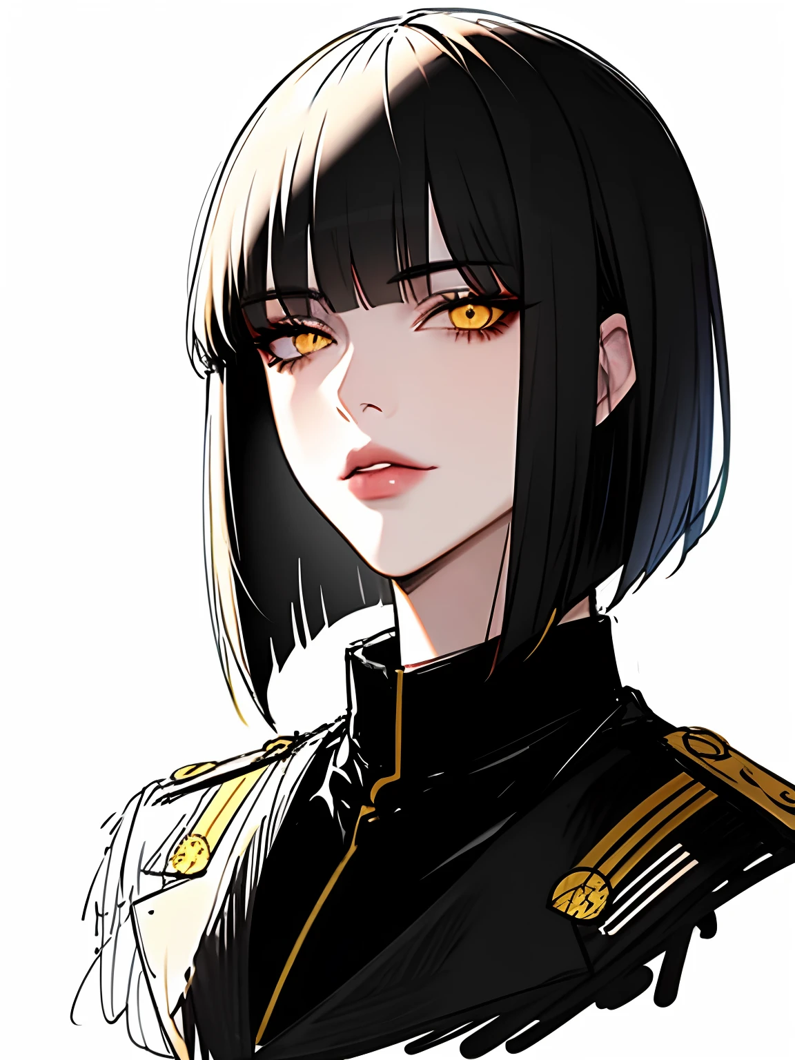 1girl, villainy, Yellow eyes, Bangs, blunt bangs, bob cut, closed mouth, lips, looking a viewer, Portrait, Short hair, Sketch, 独奏, black military uniform, Portrait