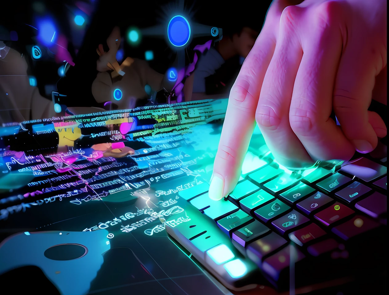 Someone is typing on a laptop with a map of the world in the background, typing on a holographic keyboard, digitando no laptop, Directed by: Judith Gutierrez, Especialista em TI, Computadores e hologramas, Tecnologia, Advanced technology, programming, technological, jpeg compactado, accurately portrayed, computer science, Assuma o controle de seus dados, integrating with technology, Aprimorado digitalmente, Directed by: Julian Allen
