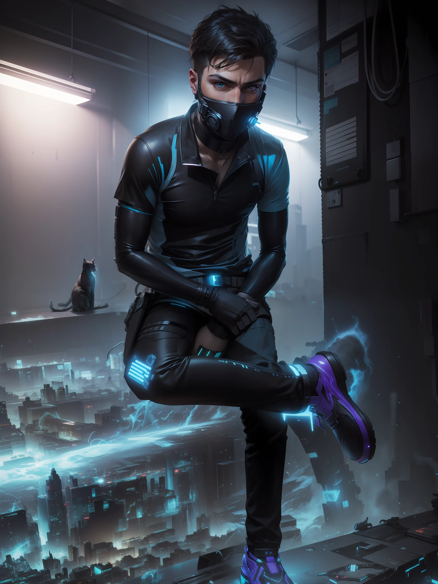 Cyberpunk handsome boy ultra realistic with cat