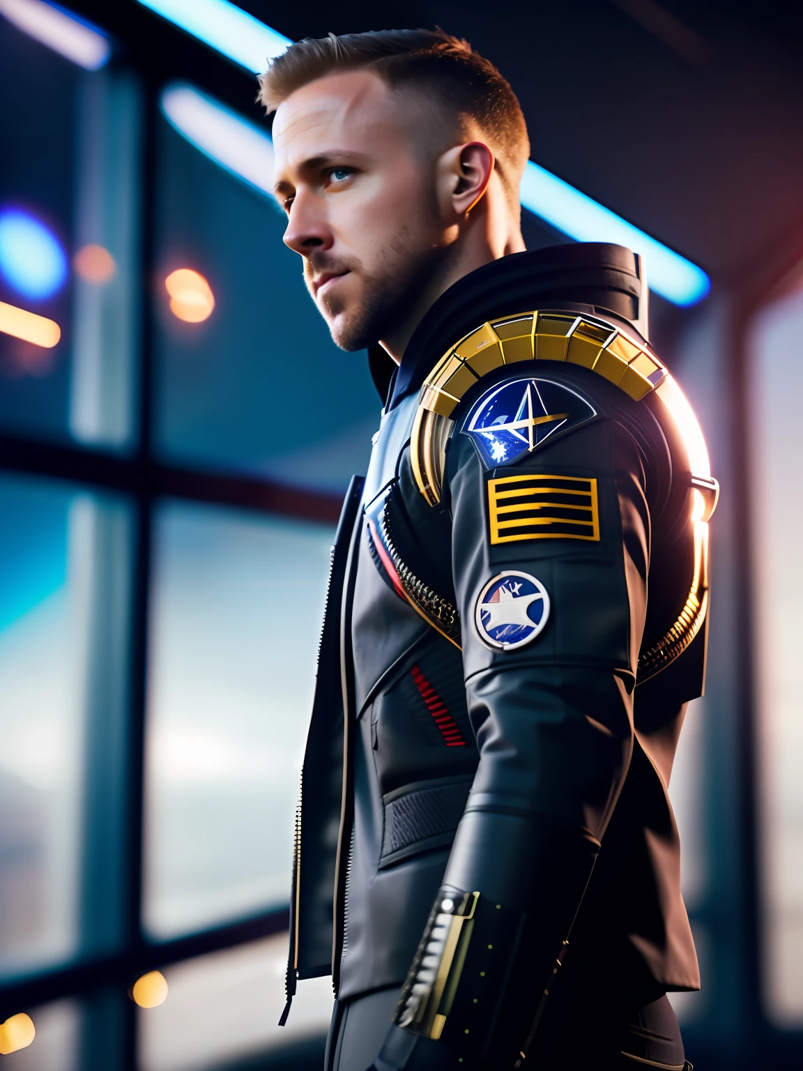 Ryan gosling award-winning photo of a man, black captain outfit, square jawline, asymmetric face, standing in front of a window on a space ship, 80mm, bokeh, mass effect, close up, fking_cinema_v2