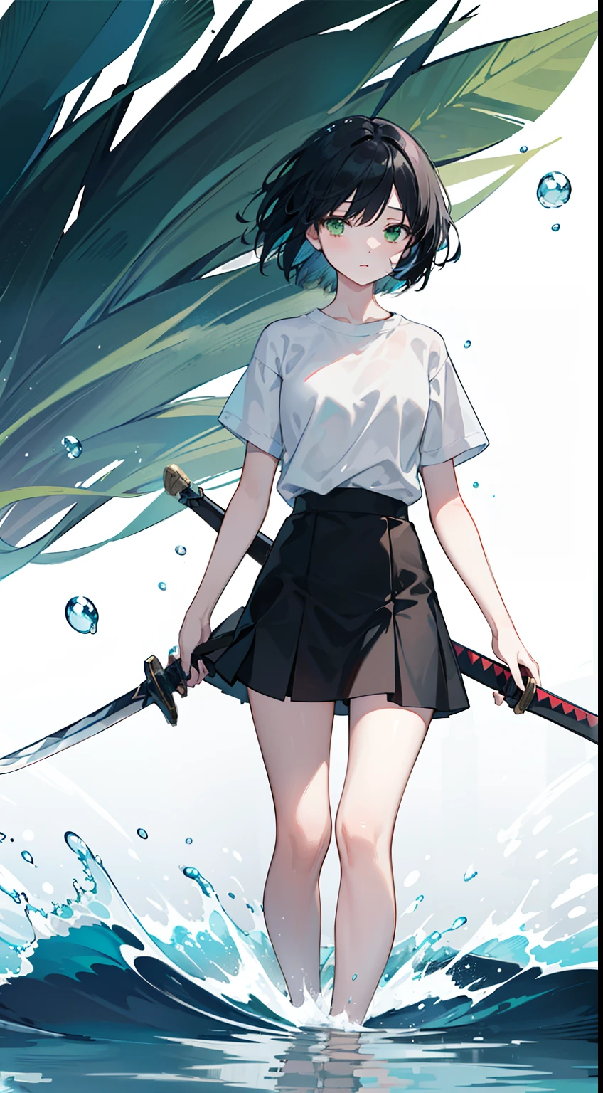 A beautiful girl, short black hair blowing in the wind , watery wallpaper, green eyes, wearing a tight white shirt and a short black skirt , calm expression, holding a sword by his side, full body