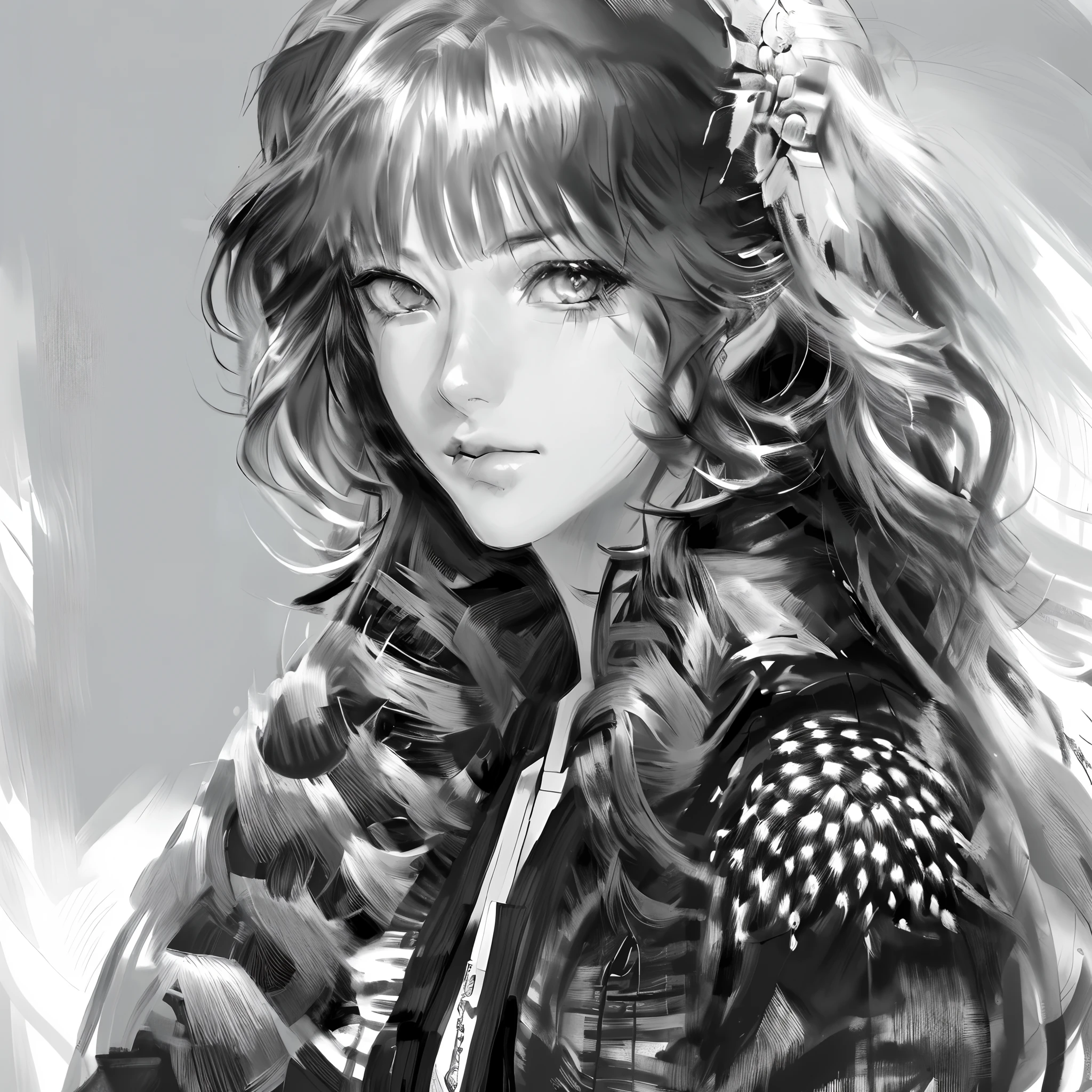 DBfantasyart style, masterpiece, 1girl, a beautiful portrait of a long haired female, manhwa, highly detailed, 8K resolution, black and white suit, cute face, lovely, cute, serious, leather jacket, nature in background