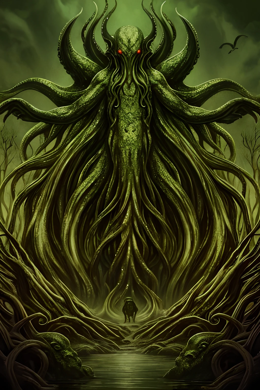 lovecraft monster, scary shadows, claustrophobia, intricate, dramatic, backlighting, organic, insectoid, spores, insect eggs, worms, trypophobia, ommetaphobia, deformed, hideous, saliva, leech, infected, pus, slime, ooze