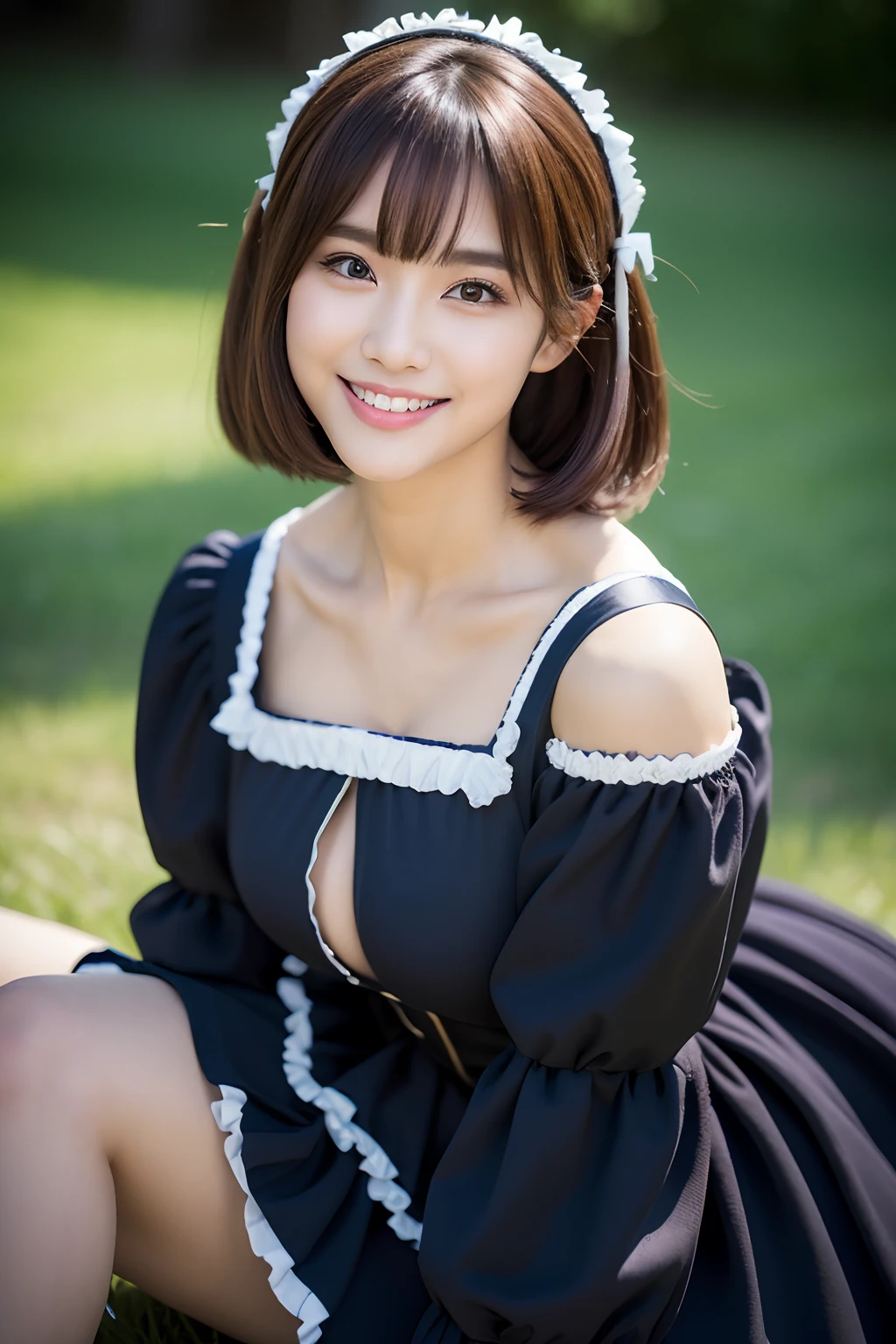 (Best quality, 8K, 32K, Masterpiece, hyper HD: 1.2),(Portrait from head to knee:1.5)，Beautiful photos of Japanese women, 1 girl, (Dark brown hair), Double eyelids, (Big: 1.2), Sexy, (Lolita costume)), (deep slit: 1.2), (side boobs), (Smile: 1.1), Dynamic posture，