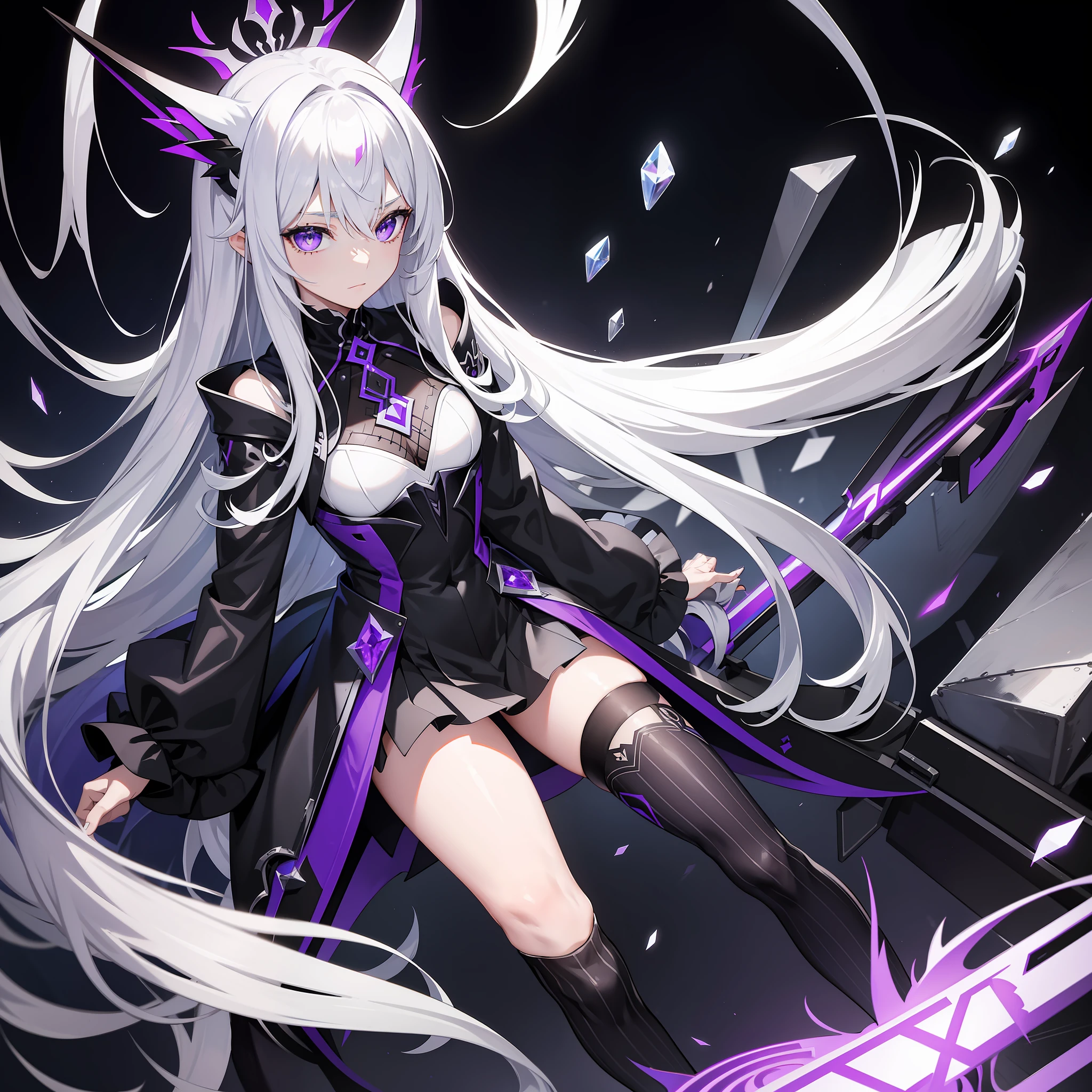 silver-white long hair，Crystal purple eyes。A black striped machine futuristic goth loli suit，Black cape，black pantyhoses，Black shoes，A silver-white scythe in his hand，Air bangs，Fantastic colors of the picture，The eyes shone purple，Behind it is the atmosphere of the battlefield，Wary of a cautious expression，A blue magic array was stepped on under his feet，close-up on legs