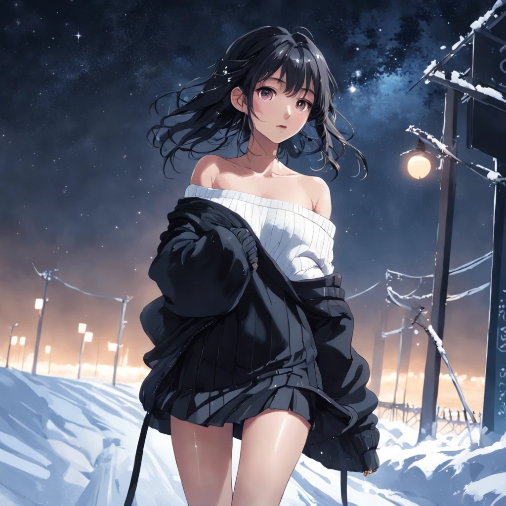 ((from below)), ((looking back)), ((full body)), (((off shoulder clothes))), Beautiful asian model, Sexy goddess, cabelos preto e longos, Beautiful hair accessories, Sexy legs, slender leg, cold light, the night, starrysky, at winter season, nevando, snowfield, (whitesweater, 围巾, black short skirt), (white colors, black in color), Detailed scenes, Beautiful digital illustration, the detail,Hyper-detailed, (best qualtiy,tmasterpiece)