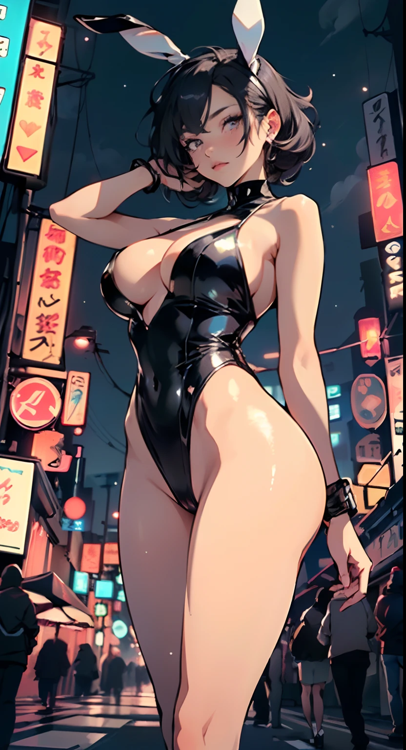 cute bunny girl,(((1girl))),((anime bunny girl with extremely cute and beautiful black hair walking seductively down the street)),(((bunny girl,anthro furry cute,bunny-girl))),(((bunny ears,bunny ears on head,big bunny ears))),
(large breasts:1.4),saggy breasts,(((black hair:1.35,colored inner hair,ear breathing,short hair))),((heterochromia,eye1 red,eye2 orange,perfect eyes,upturned eyes:1.3,beautiful detailed eyes,finely detailed beautiful eyes:1,big highlight on eyes:1.2,slanted eyes)),((fat)),(((lustrous skin:1.5,bright skin: 1.5,skin tanned,shiny skin,very shiny skin,shiny body,plastic glitter skin,exaggerated shiny skin))),(spider lower abdomen,narrow waist,wide hip,athletic body,inflated legs,delicate detailed fingers,detailed body,detailed arms,human hands,(detailed face)),
cute,slutty,seductive,erotic,(((nsfw))),
(((slingshot swimsuit))),(((huge cleavage))),(detailed outfit,detailed clothes),
(dynamic pose:1.0),solo focus,embarrassed,centered,scale to fit dimensions,Rule of thirds,
outdoors,((night view)),(very pretty city neon synthwave,cyberpunk night street Background:1.5,dark sky,thick clouds),future vehicles,((neon lights)),thick clouds,(cyberpunk style,neon lights, (synthwave theme background), lonely street),(((detailed background:1.25))),
(best quality),(high resolution),(sharp focus),(ultra detailed),(extremely detailed),(extremely high quality artwork),8k_wallpaper,(extremely detailed CG 8k),(very fine 8K CG),((hyper super ultra detailed perfect piece)),flawless,(((masterpiece))),illustration,vibrant colors,(intricate),High contrast,Selective lighting,Double exposure,HDR (High Dynamic Range),Post-processing,Background blur,