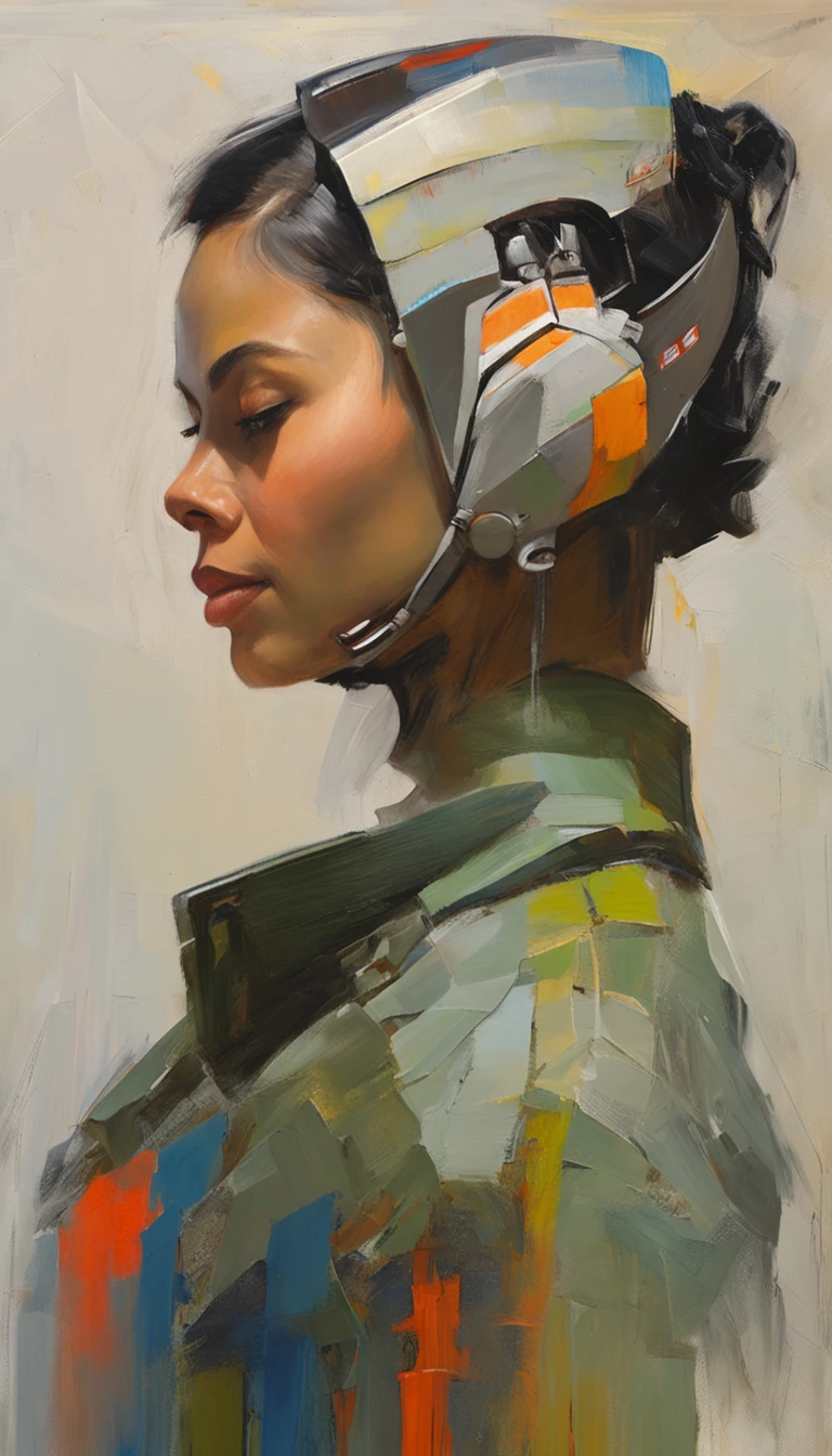 Indonesian woman, 18 year old, with accurate features, strong jawline, slightly pointed ears, short hair, black hair, dynamic angle shot, No extra ears, neck zoomed in, side view profile centered, wide high angle view, Two pointed ears, Side photo, wearing futuristic military uniform, science fiction