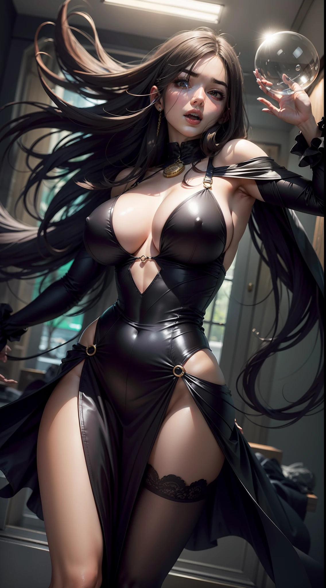 Hot waifu looks, black dress,big boobs
