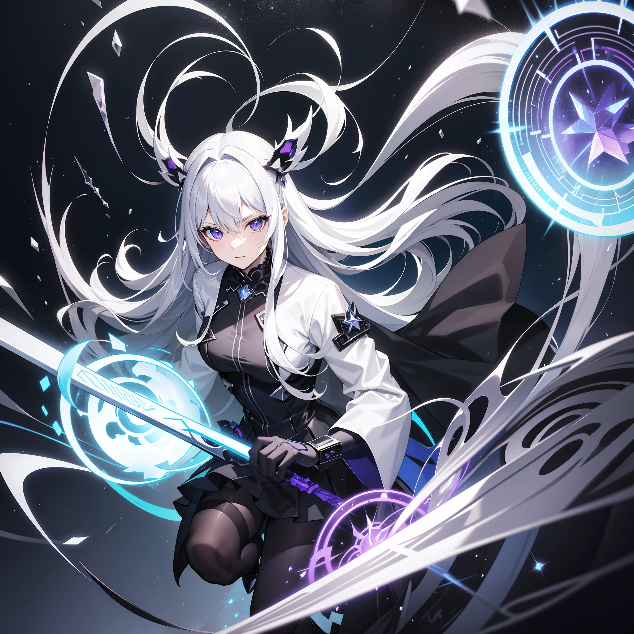 silver-white long hair，Crystal purple eyes。A black striped machine futuristic goth loli suit，Black cape，black pantyhoses，Black shoes，A silver-white scythe in his hand，Air bangs，Fantastic colors of the picture，The eyes shone purple，Behind it is the atmosphere of the battlefield，Wary of a cautious expression，A blue magic array was stepped on under his feet，close-up on legs