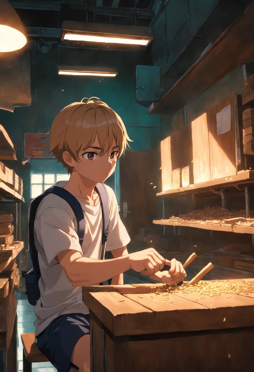 Um jovem, Liam, sentado em um banco de madeira na oficina. He's holding a piece of wood and watching the more experienced craftsmen work with concentration. O sol entra pela janela, iluminando o ambiente e destacando as ferramentas de carpintaria nas prateleiras.