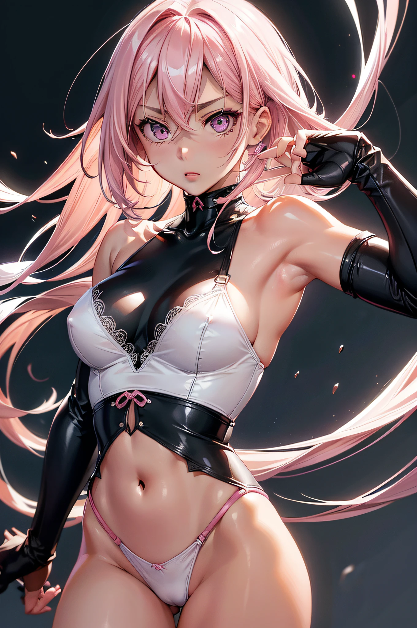 nffsw, retinas, masutepiece, ccurate, Anatomically correct, Textured skin, Super Detail, high details, High quality, awardwinning, Best Quality, hight resolution、Ninja Girl、Sexy costume、sexy  pose、Crisp eyes、Random hair、Overexposed、Light pink lingerie、Light pink lingerie
