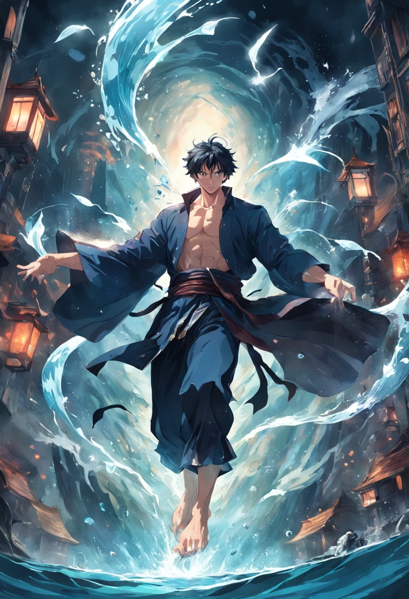 (masterpiece, best quality:1.4),(absurdres, highres, ultra detailed:1.2), (1 handsome man:1.4),(using dark magic:1.4),water magic,playful illustrations, imaginative overlays, artistic fusion,fantastical scenes, evocative narratives, striking visuals, upper body,