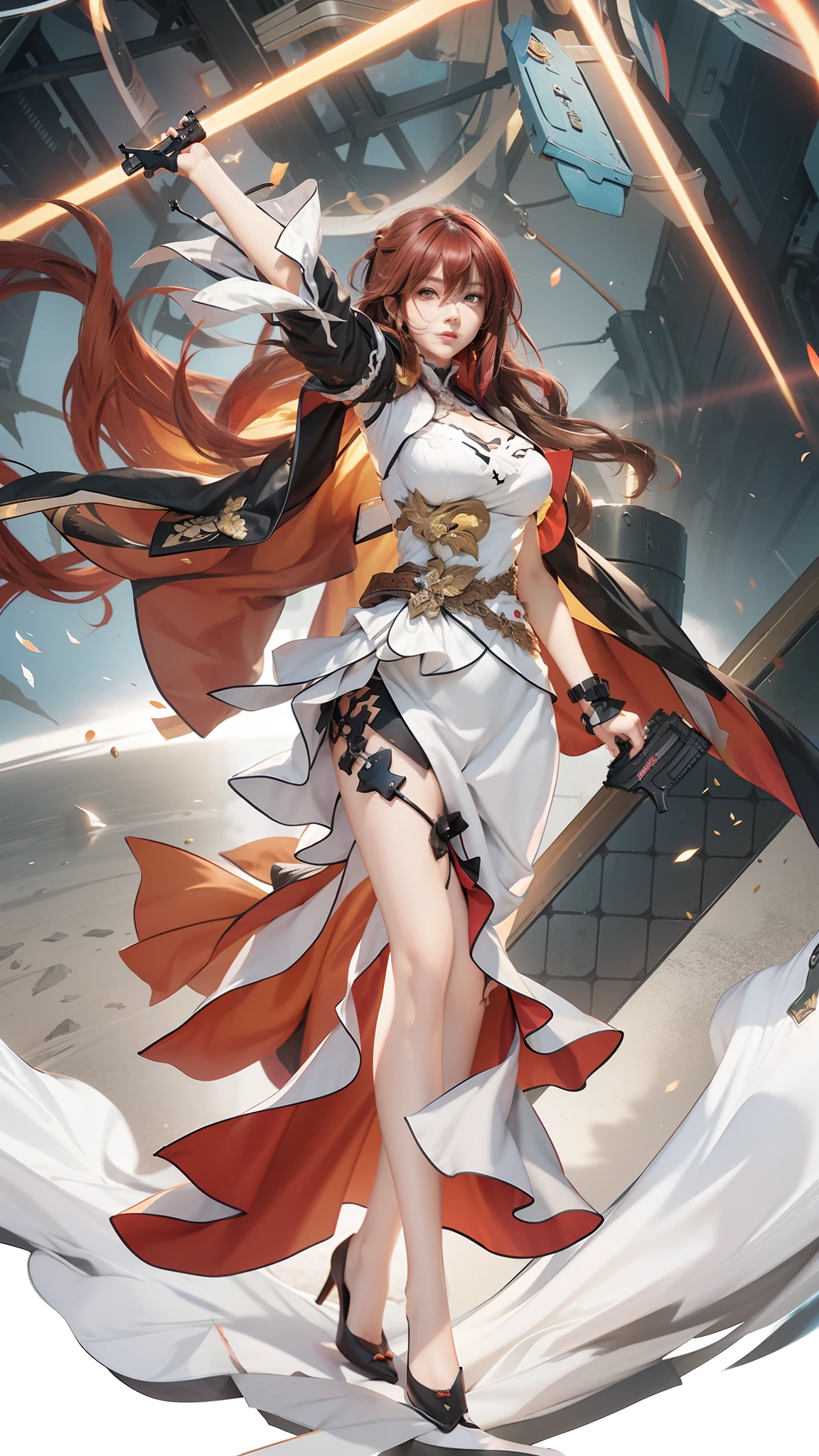 anime girl with red hair and a cape holding a gun, cushart krenz key art feminine, from girls frontline, ayaka genshin impact, from the azur lane videogame, azur lane style, ayaka game genshin impact, from arknights, characters from azur lane, keqing from genshin impact, onmyoji detailed art