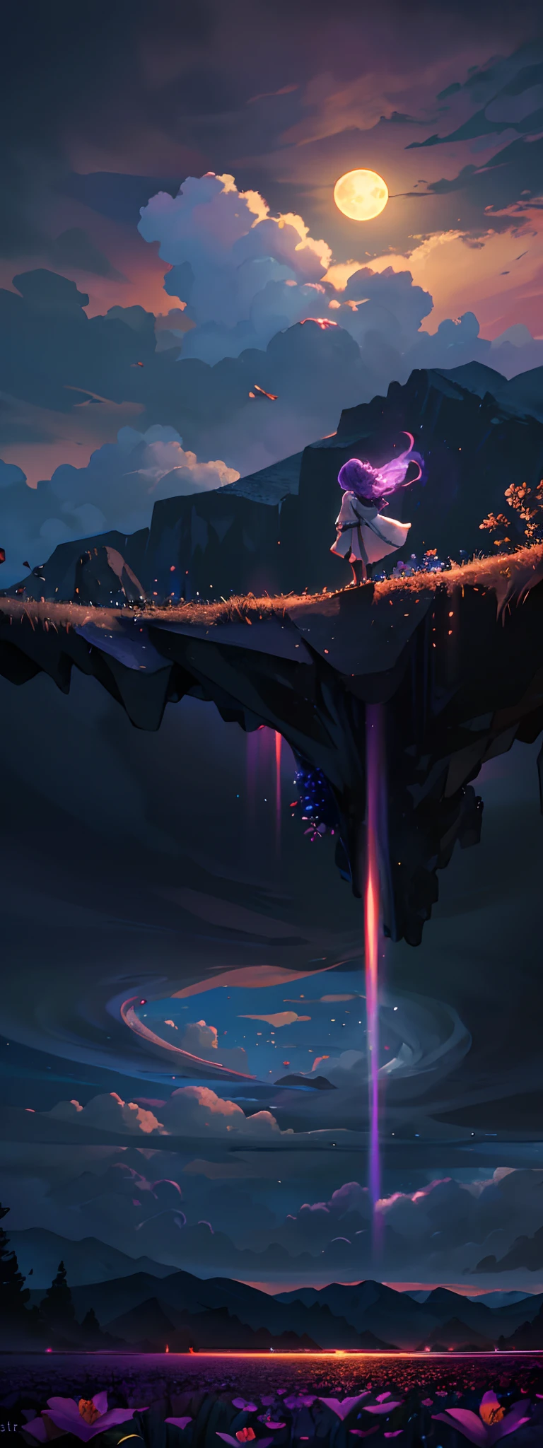 A wide landscape photo, (viewed from below, the sky is above, and the open field is below), a girl standing on a flower field looking up, (full moon: 1.2), (meteor: 0.9), (nebula: 1.3), distant mountains , Trees BREAK Crafting Art, (Warm Light: 1.2), (Firefly: 1.2), Lights, Lots of Purple and Orange, Intricate Details, Volumetric Lighting BREAK (Masterpiece: 1.2), (Best Quality), 4k, Ultra Detailed, (Dynamic Composition: 1.4), Rich in Detail and Color, (Rainbow Color: 1.2), (Glow, Atmospheric Lighting), Dreamy, Magical, (Solo: 1.2)