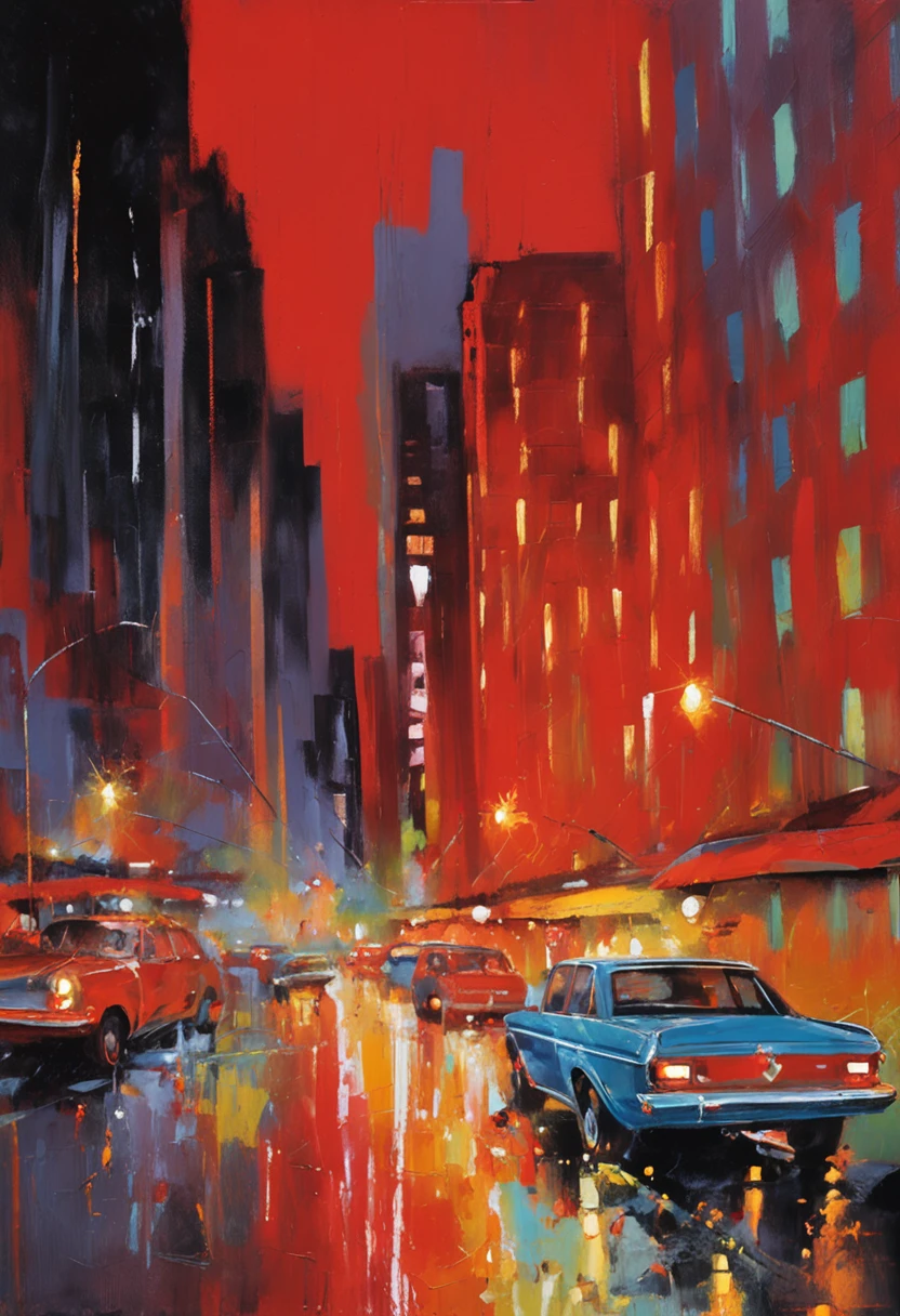 Intricate painting details of busy New York street in the evening, lights reflections on the wet road, by range murata, Clouds, vivd colour, High contrast, vector line art, highlights, trending in pixiv, anime concept art, Stick, Mattire, high high quality, Edge to edge, Sanskrit