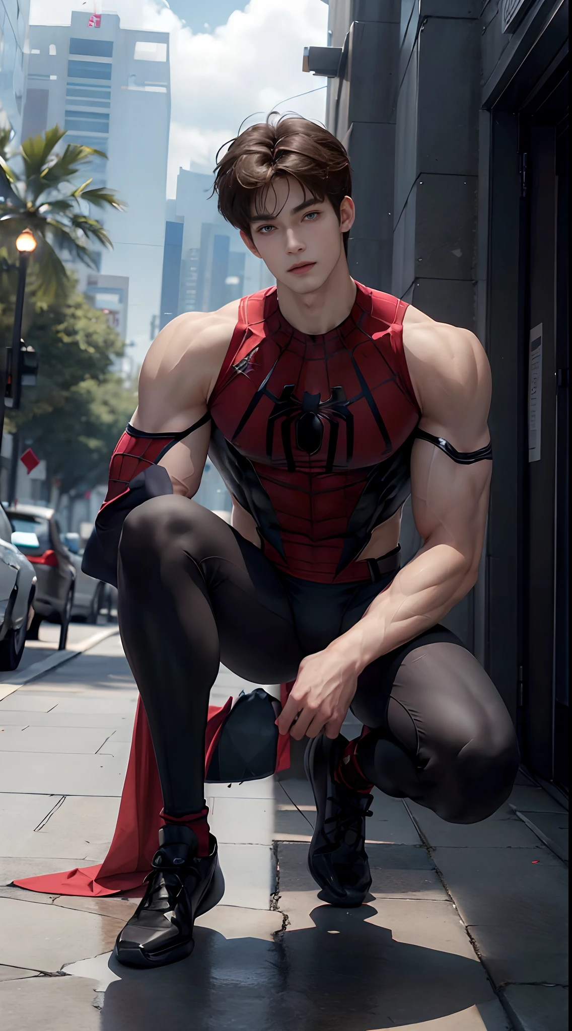 (((Best quality))),(((Ultra detailed))),(((Masterpiece))),(Cute tall Shota:2),The height of a volleyball player,Titan muscles,Bodybuilding champion,solo person,(full bodyesbian:3),(Stay away from the lens:3),Expose your legs,(revealing the whole body:2),(Frontal heads-up view:1.2),malefocus,(looking at viewert),18yr old,(Tall:3),(Tall guy:2),Super tall,(Height 300 cm:2),Excellent body proportions,muscular physique,(The shoulders are 2 times wider:2),Right shoulders,Large trapezius muscles,(Slender straight legs:2.5),Slender feet,small heads,musculous,(The face of the animated male protagonist),Pure face,(Very detailed beautiful face and eyes:2),(Big bright eyes:2),Sharp eyeliner,Clear and beautiful face,exhilarated,(Happy smile:3),Be red in the face,short detailed hair,(Correct facial features),(tilts your head:1.5),(Spider-Man battle set:2),(Muscle firming:2),Strong,(Wide shoulders and narrow waist:3),Sports men's socks,Detailed muscle texture,Highlights muscle structure,Winter on the streets,(kneeling down:4),(full length shoot),ultra-realistic realism, (Photorealistic detail), Incredible accuracy, lifelike textures, masterful technique, Jaw-dropping precision, artistic dedication,(anatomy correct),Good lighting,exquisite detailing,Best quality,stunning masterpiece,CG,(Colored screen)