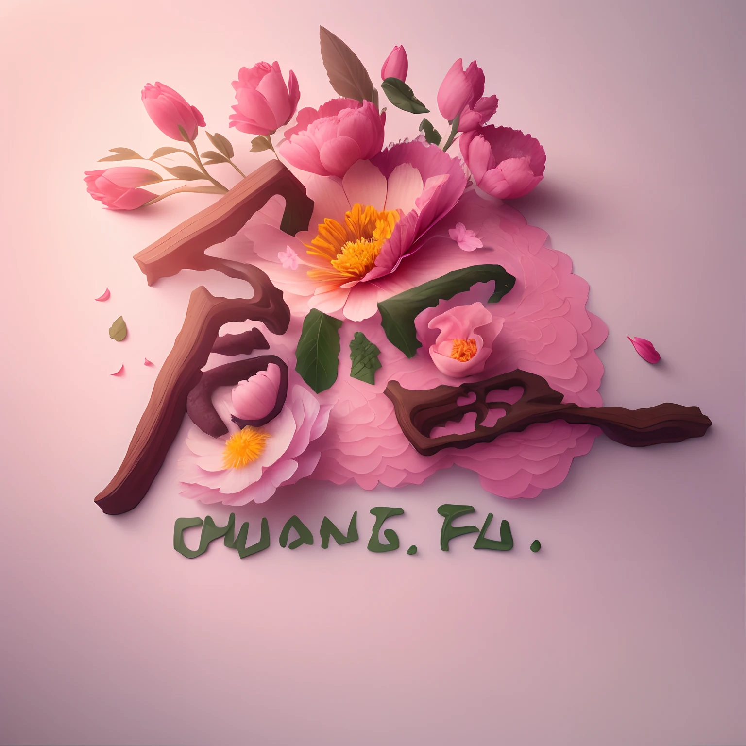 high qulity,tmasterpiece,Hyper-detailing,Beautiful composition,8K,oc rendered,.。.。.。.。.。.。.。.3D, Pink petals,Plant leaves entangled,one color background