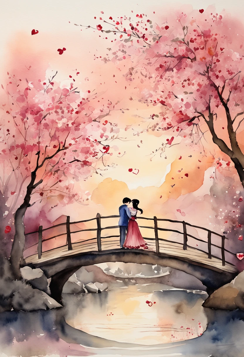 Tanabata Valentine's Day romantic poster,Close-up of a man and a woman kissing on a wooden bridge,Peach blossoms bloom on both sides of the river,Countless pink petals fell from the sky,Several magpies flew around in the sky,