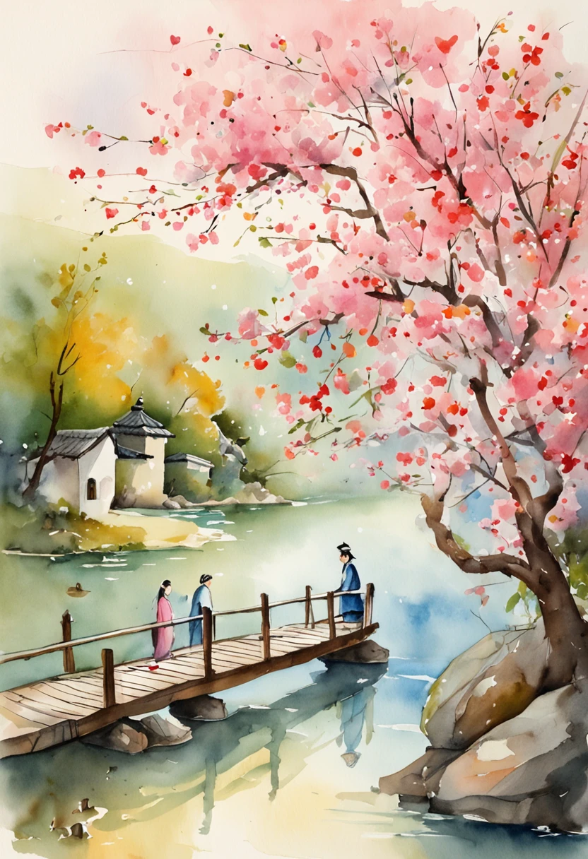 Tanabata Valentine's Day romantic poster，Close-up of a man and a woman kissing on a wooden bridge，Peach blossoms bloom on both sides of the river，Countless pink petals fell from the sky，Several magpies flew around in the sky，