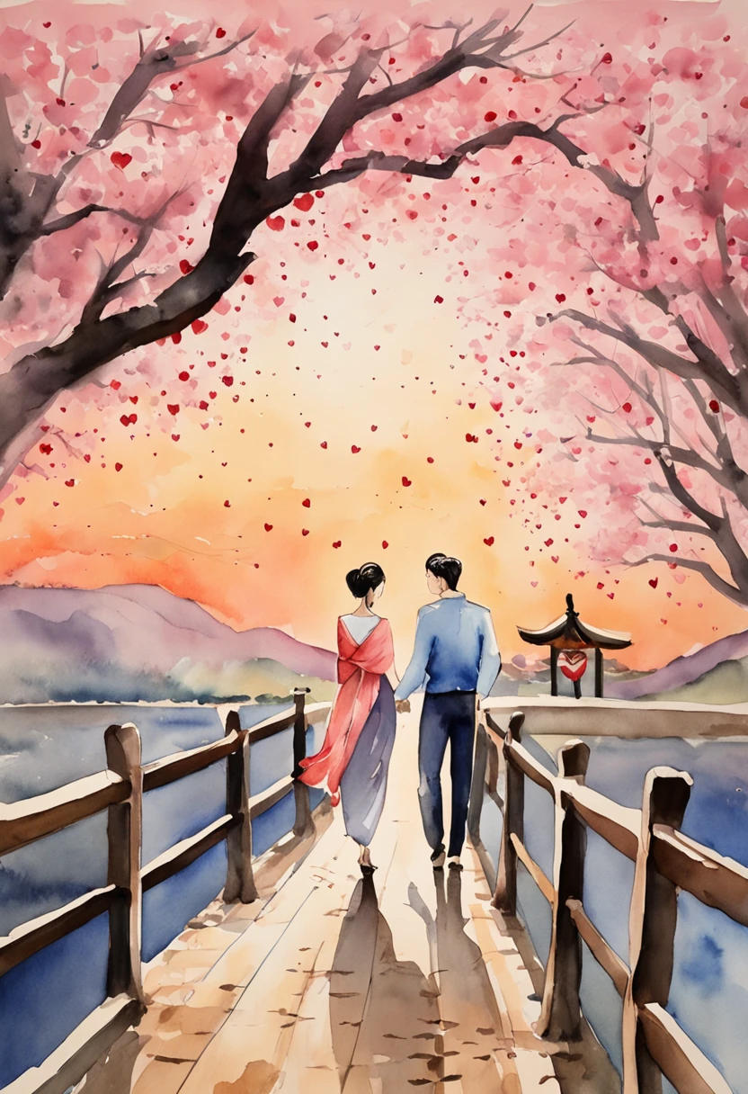 Tanabata Valentine's Day romantic poster，Close-up of a man and a woman kissing on a wooden bridge，Peach blossoms bloom on both sides of the river，Countless pink petals fell from the sky，Several magpies flew around in the sky，