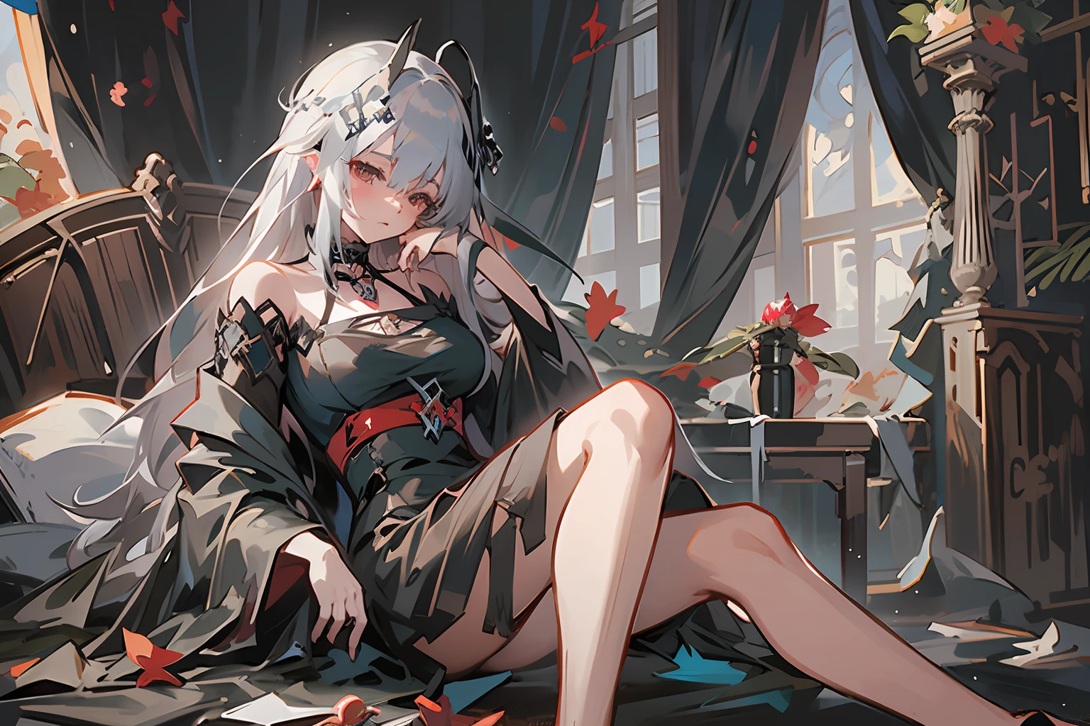 Anime - a woman in style in a black dress sitting on a bed, guweiz on pixiv artstation, guweiz on artstation pixiv, guweiz, artwork in the style of guweiz, anime girl wearing a black dress, from girls frontline, by Yang J, white haired god, perfect gray hair girl, Seductive Anime Girl