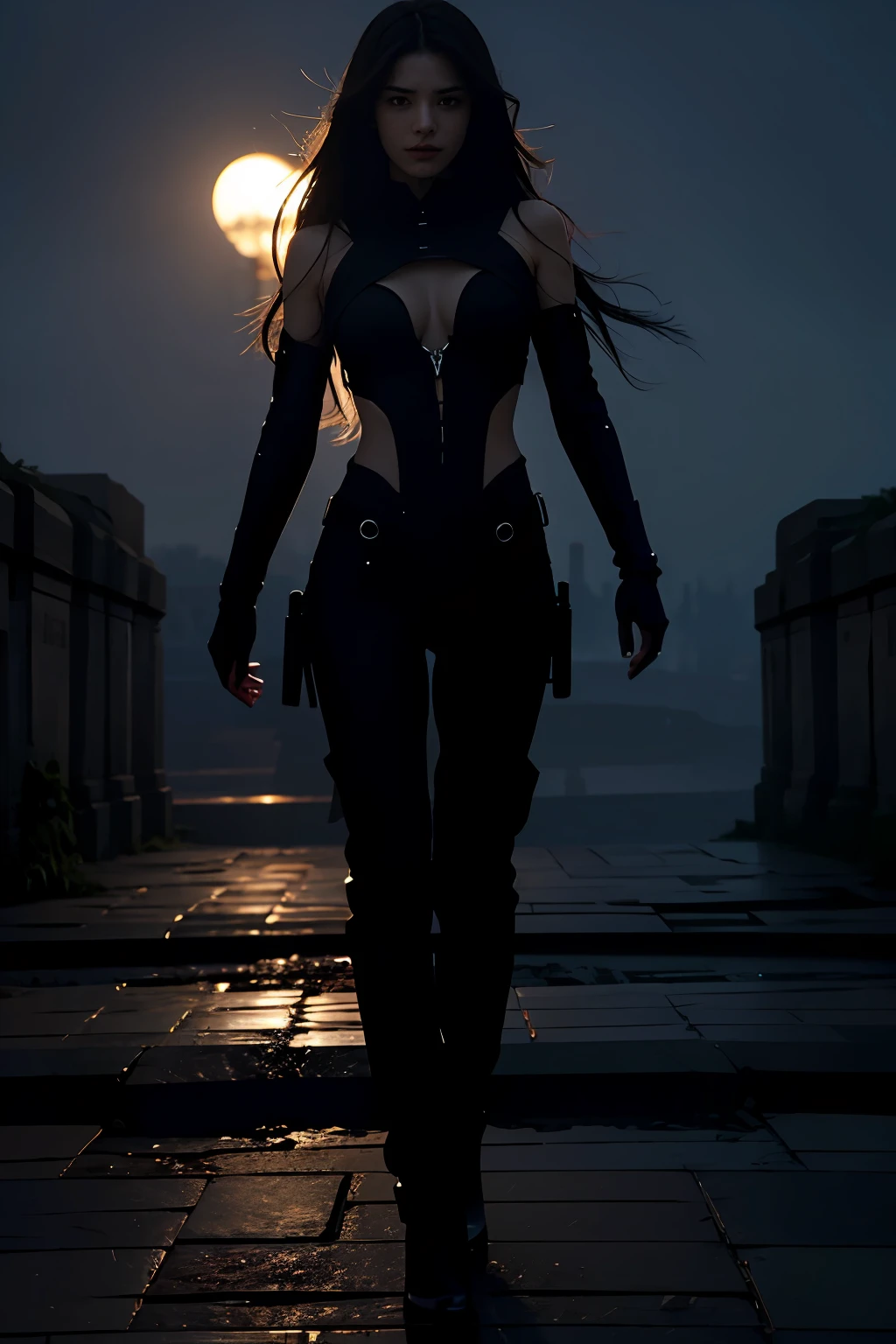 burial site,nigth,Multiple silhouettes,super detailing,best qualtiy,Masterpiece,(8K),Extremely detailed,Epic artwork,18-year-old beauty,Large chest half leaky,in mecha style