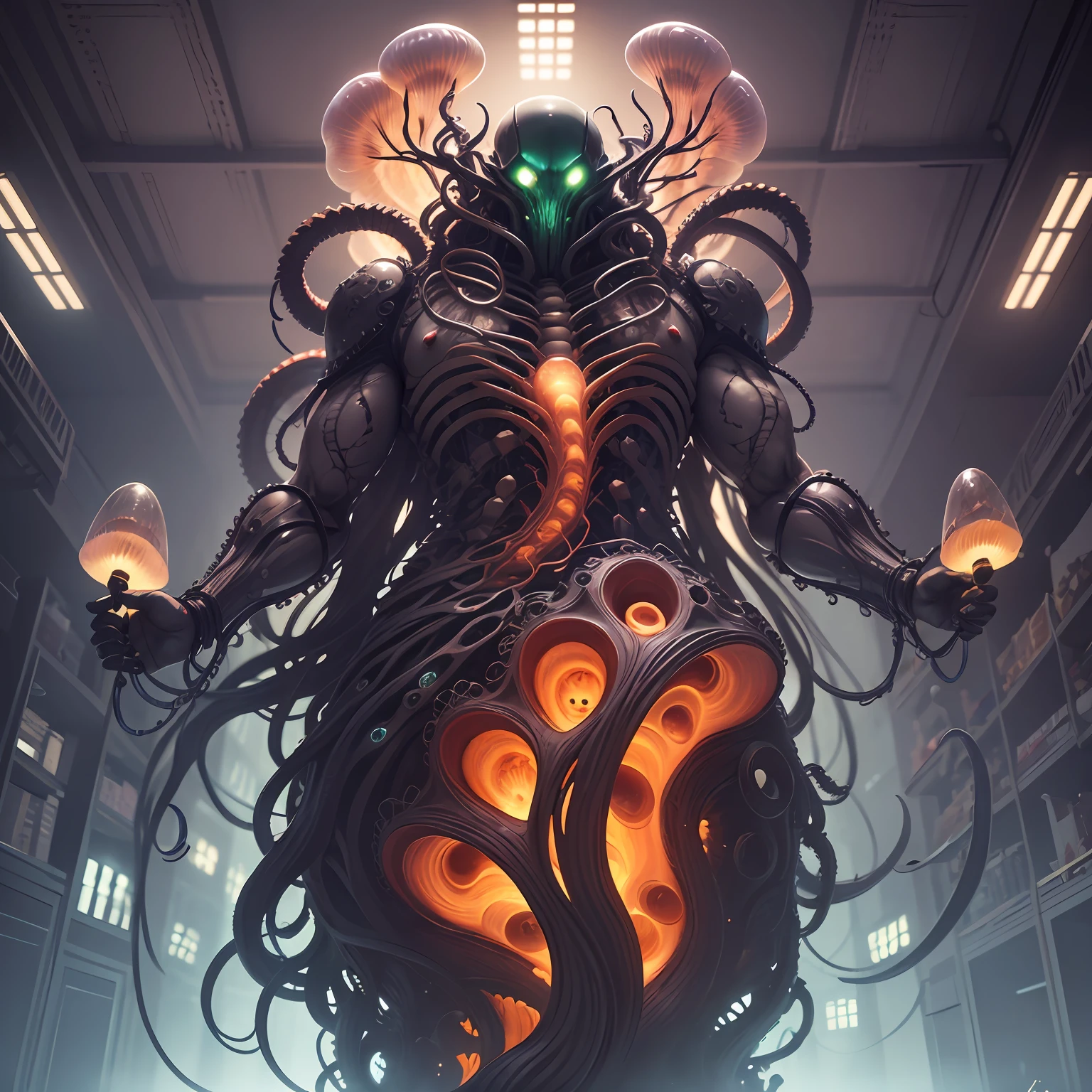 Cthulhu monsters,Giant jellyfish,fluorescence,Intricate roots,Mechanical tentacles,hyper realisitc,muscline,complexdetails,Black and red metal skeleton