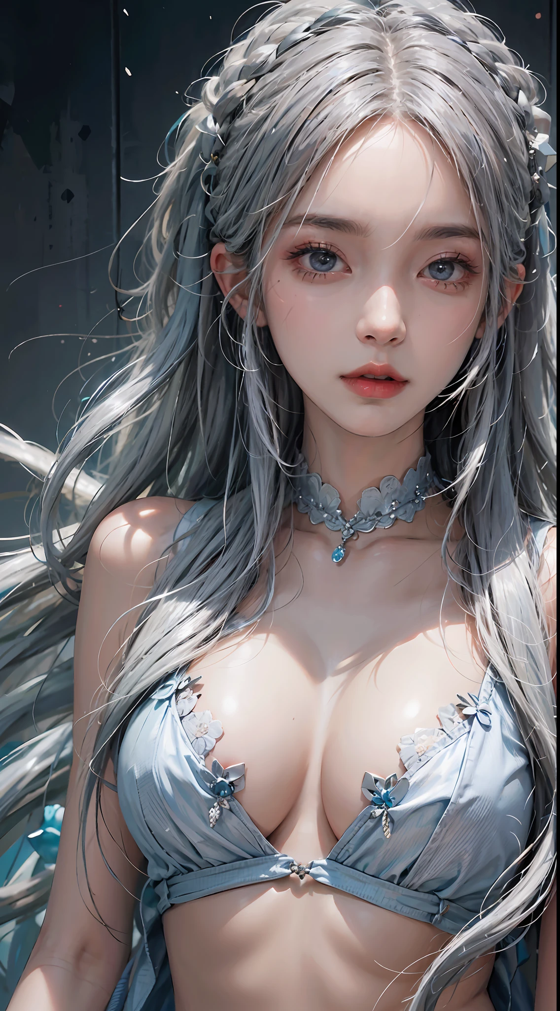 1girl, very messy hair, blue | silver hair, very long hair, solo,ultra high quality,hard focus, film grain,ultra high res, masterpiece, nice detailed eyes,