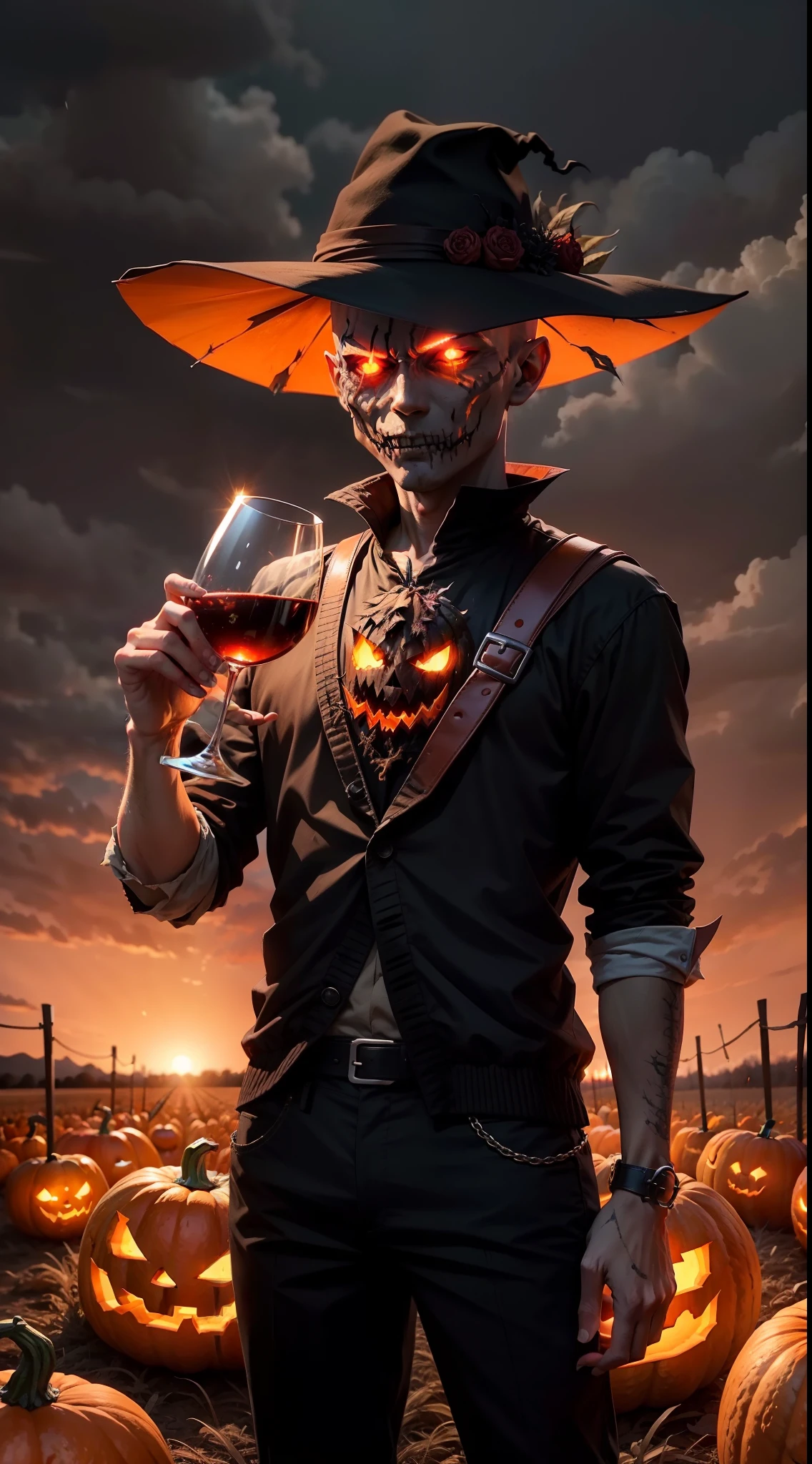 Pumpkin demon scarecrow, male people, Holding a wine glass, Jack O'Lantern 飾演 The Head, straw, Night, fall weather, Dark, Creepy, Cornfield, Field on fire, rain, The demons, Glowing red eyes, Horror, Scary, Pumpkin head, Bald, wineglass