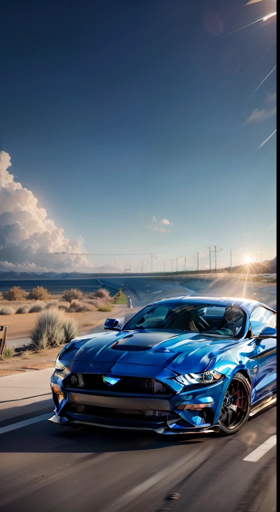 Blue Mustang, crossroad，mustang, cerulean, vehicle photography, Blue tones, HQ 4K wallpaper, metals, Shoot on a sunny day, with blue sky and white clouds，automotive photography, shining golden hour, Sunnyday, hq 4k phone wallpaper,