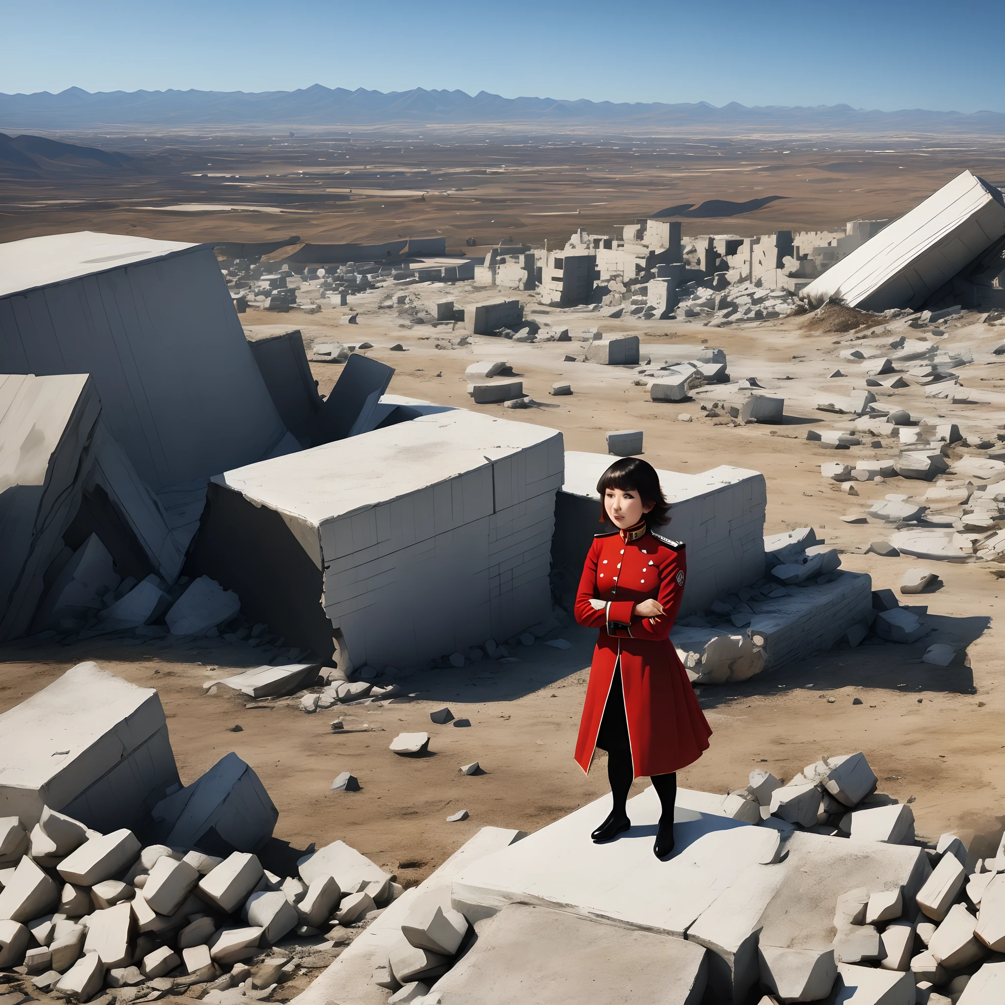 Renko Mai stands on top of a mountain of rubble, Her red and white uniform tumbled in the wind, 8K, high resolution, Clean