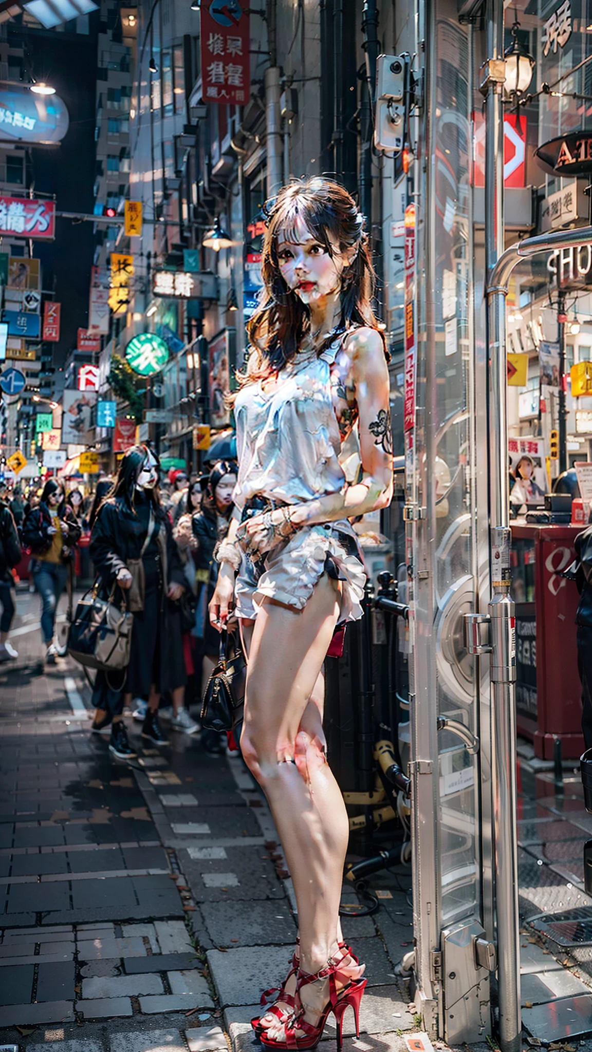 best qualtiy,tmasterpiece,超高分辨率,(realisticlying:1.4),RAW photogr,(Evening Street),1个Giant Breast Girl,黑The eye,looking at viewert,long whitr hair,Light makeup,Do the action of biting your lip,tiny ears,耳Nipple Ring,Bigchest,slim,exposed,The body faces the viewer,
