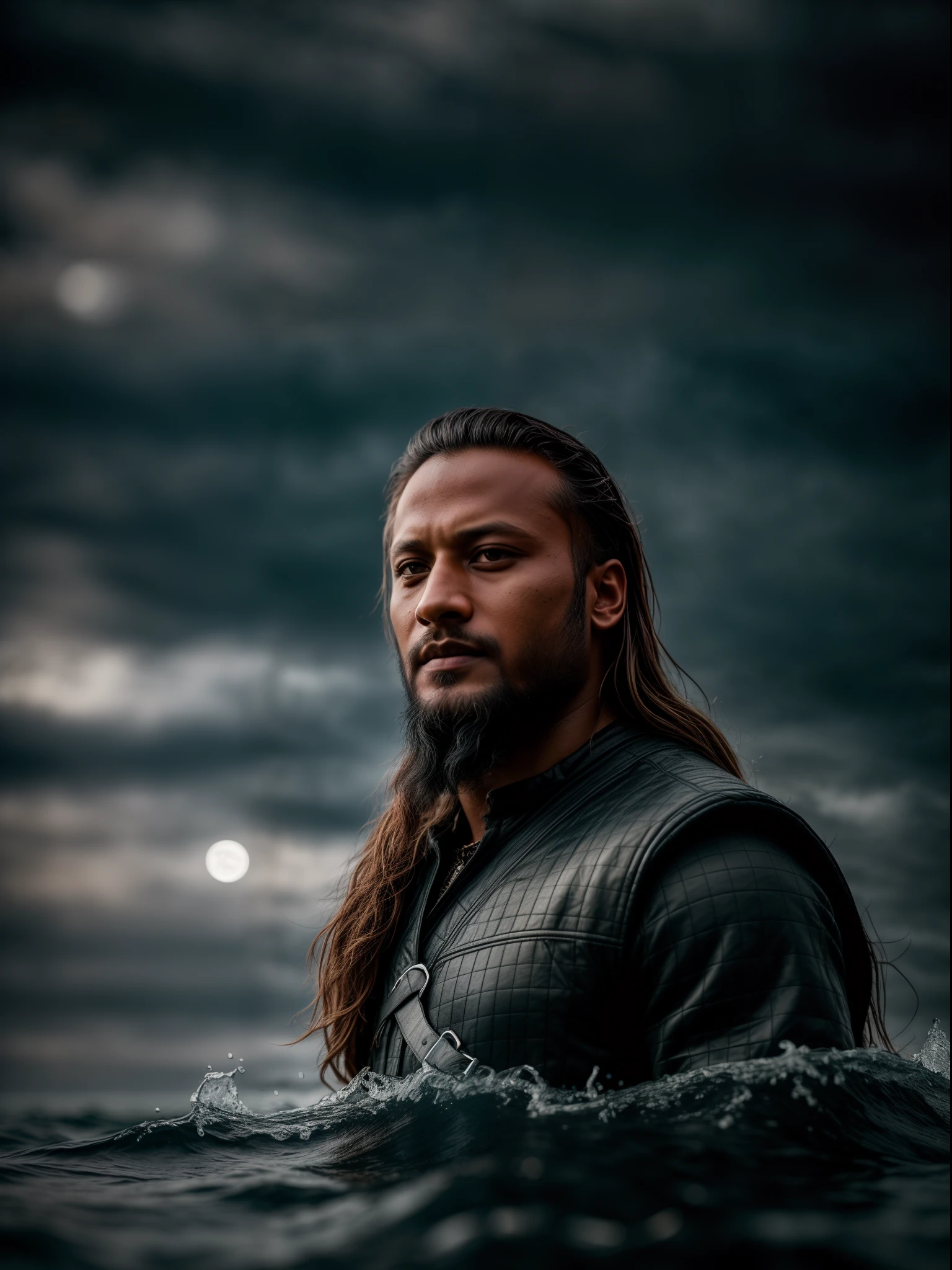 Realistic 8k image of Shakib al hasan as Ragnar Lothbrok (with black hair) onboard a viking longship, ((low angle hero shot)), (Upper body closeup), show Shakib as Ragnar navigating treacherous waters, Shakib al hasan as Ragnar is navigating his crew, show Shakib al hasan commanding the ship crew, this scene will be dark and scary, highlighting Shakib al hasan sailing on treacherous waters, dark tones with moonlit seas, dark and intimidating atmosphere like Viking series colour tone, ((sharp focus on portrait)), (balanced composition), high quality and realistic image, cinematic style, ((Best quality, 8k, Masterpiece), rough face, detailed skin, masterpiece, professional photography, (high detail:1 1), natural skin, (detailed face and eyes), (face: 1 2), noise, real photo, film photography, high resolution, 8k, realistic, 8k UHD, SLR camera, high quality, film grain, (Fujifilm X-T20, Fujifilm Fujinon XF 50mm f/2 R WR lens, Lens focal Length 50mm, Shutter speed 1/300 sec, APERTURE: 2, ISO: 80), volumetric lighting, dark background, dark fantasy, highly detailed, sharp focus, shallow depth of field, bokeh, blurry background, high contrast, contrast lighting, (dim colours), exposure blend, (dusty:1.3)
