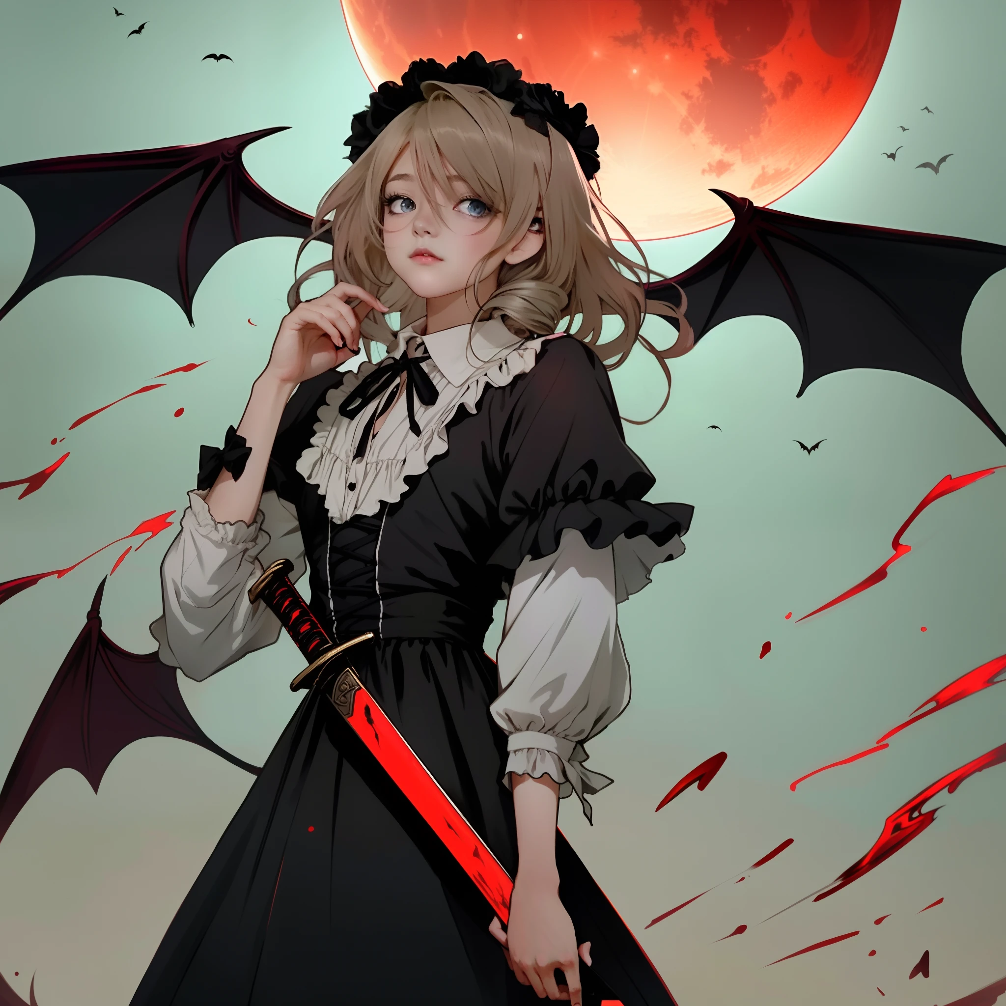 Anime girl with bat and blood moon background, demon anime girl, gothic maiden anime girl, demon slayer rui fanart, Vampire girl, demon slayer artstyle, Vampires, Epic anime style, Badass anime 8 K, anime vampires, Anime girl wearing black dress, with red glowing eyes, High Quality Anime Art Style, gapmoe yandere grimdark, Demon Girl