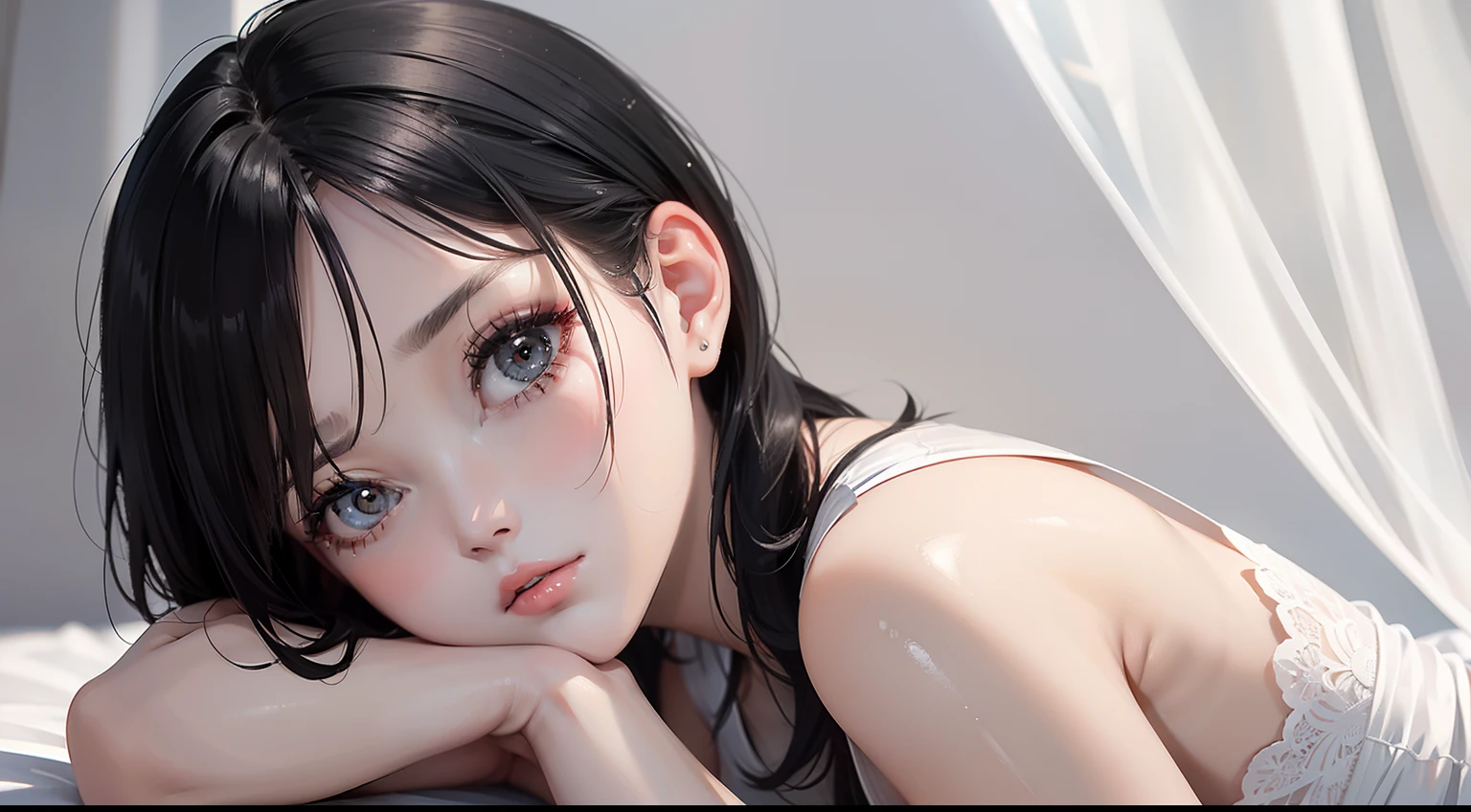 tmasterpiece,best qualtiy,1 girlirl,Short flowing black hair,Camelier top,White and delicate skin,Crop topping,Beautiful and delicate face,Elaborate Eyes,Extreme light and shadow,janelas,Skysky