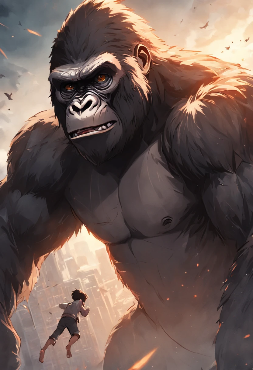 Gorila standing on a black bear that it defeated