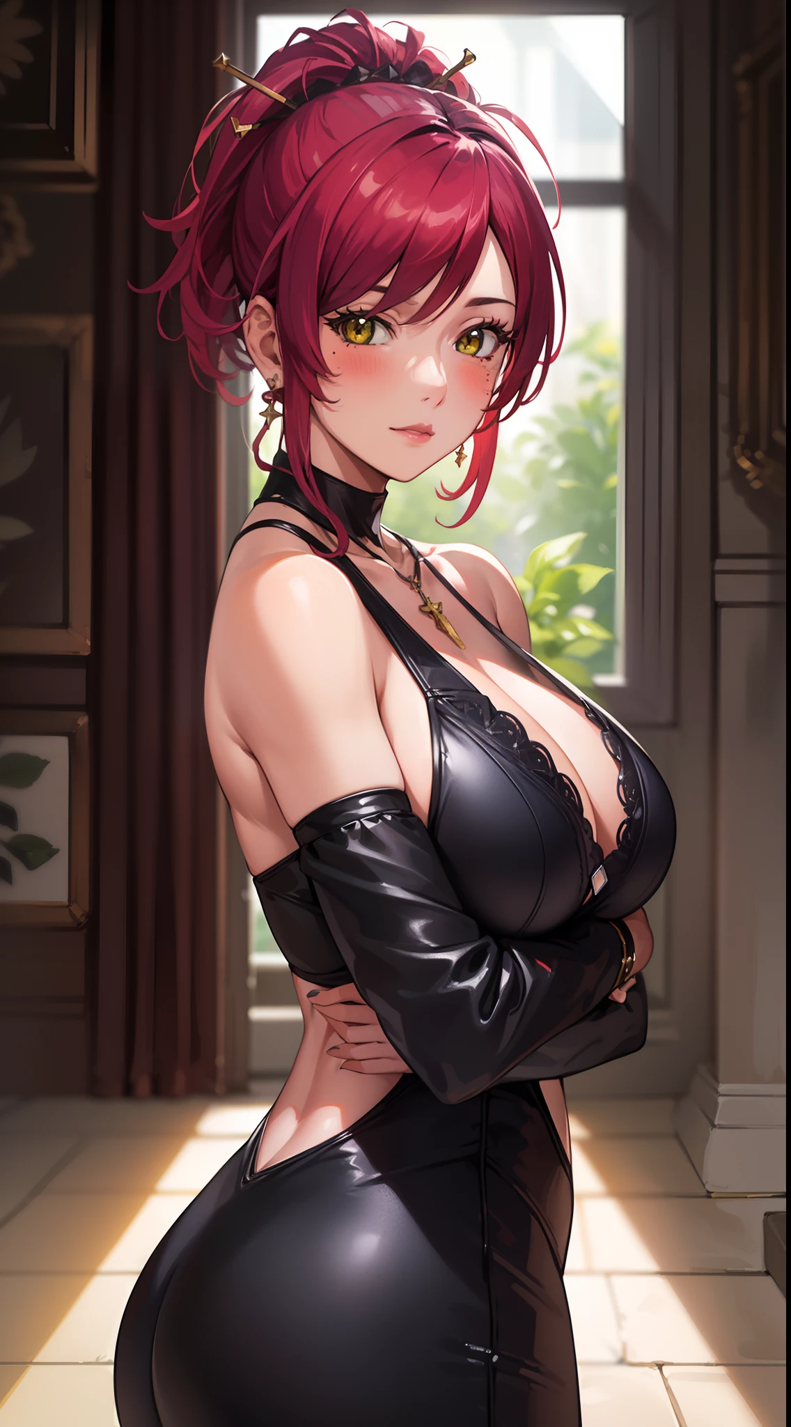 professional artwork, Intricate Details, field of view, sharp focus, detailed painting, photorealistic lighting, trending on pixiv,(masterpiece:1.0),(best_quality:1.0), ultra high res, ultra-detailed, photography, 8K, HDR, highres, absurdres:1.2, Kodak portra 400, film grain, sharp focus, bokeh:1.2, lens flare, (vibrant_color:1.2), Marie Mamiya, mature female, milf, (solo:1.4), (curvy:1.1), (red hair:1.05), hair ornament, (mole under eye:0.9), (yellow eyes:1.05), earrings, (seductive look, blush), bare shoulders, necklace, fingernails, (Large Breasts:1.15), Cleavage, big ass,((upper body, half body shot)), (black jumpsuit:1.4), (((looking at viewer:1.4)))