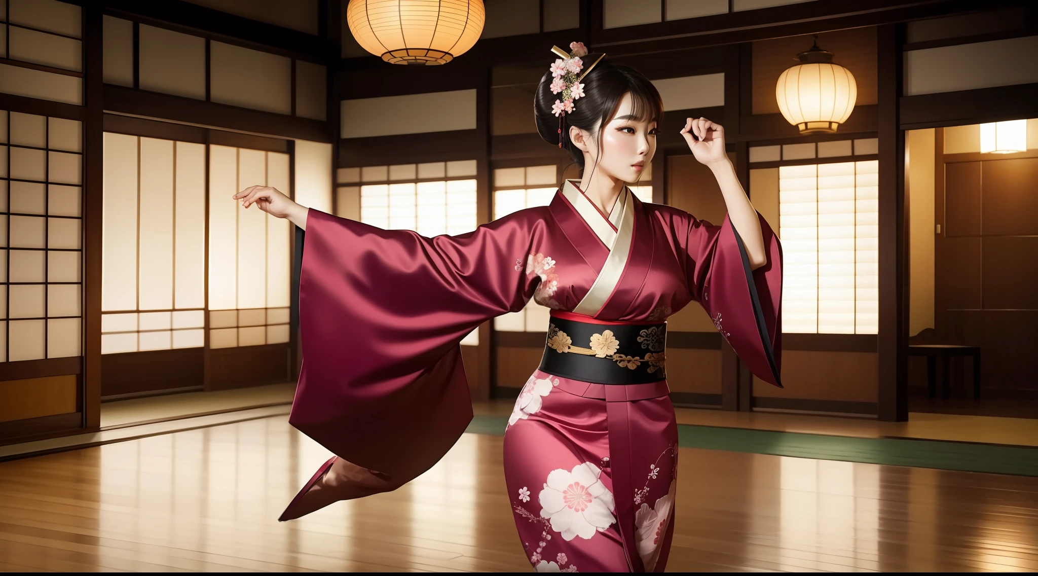 a sexy korean woman wearing kimono and dancing