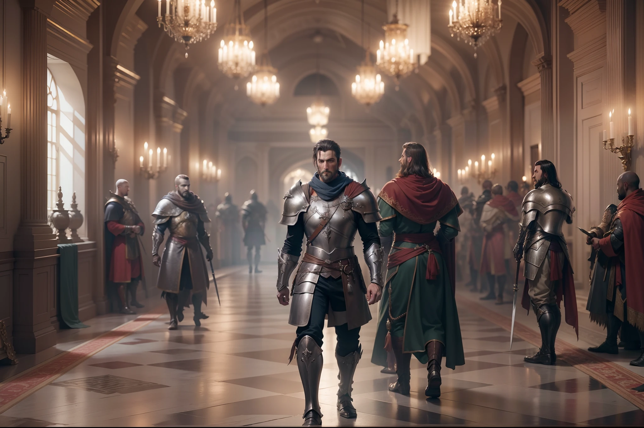 Realistic 8k image of men dressed in RPG warrior clothes with silver shoulder pads, talking in a wide corridor of a royal palace