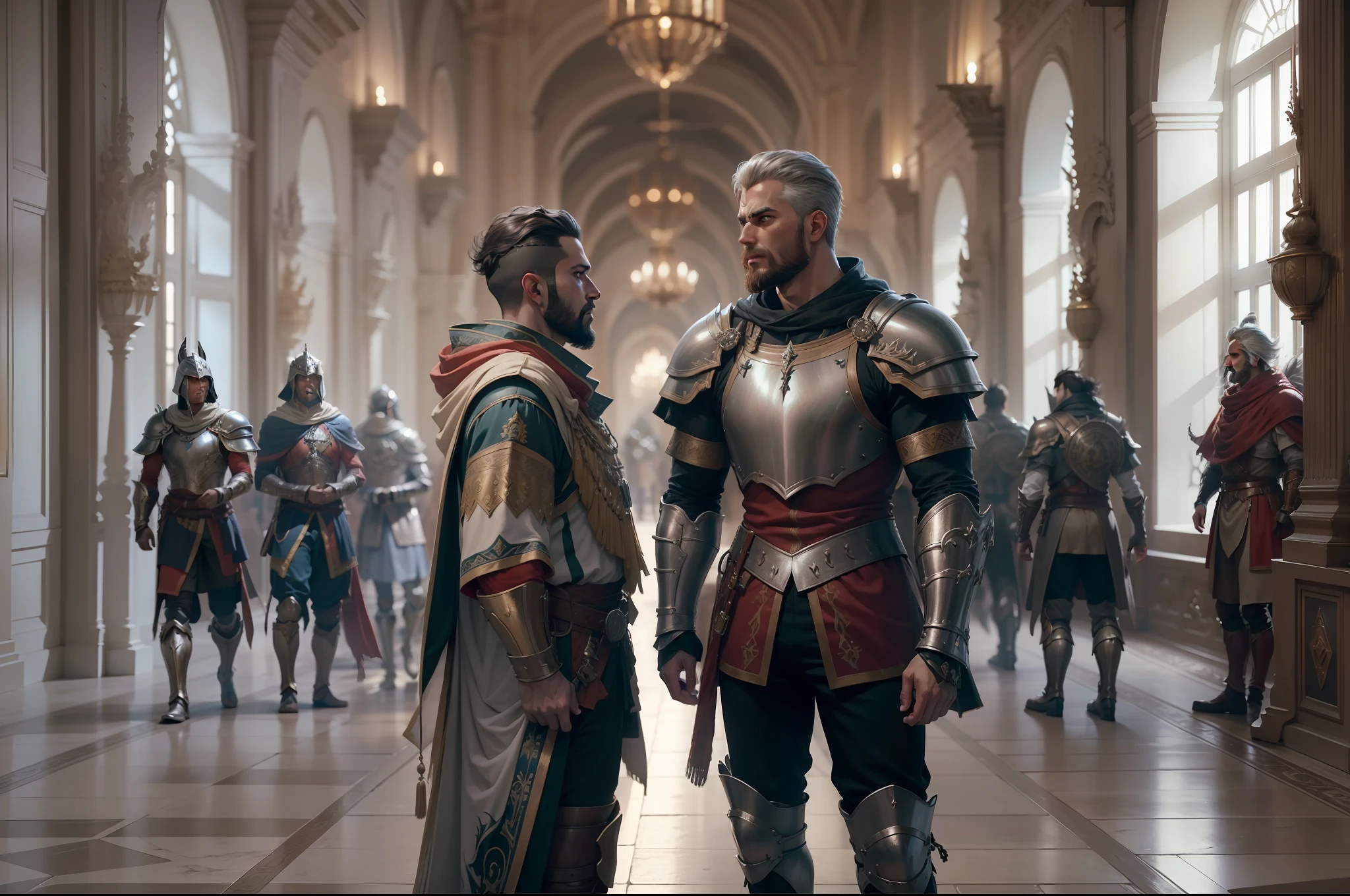Realistic 8k image of men dressed in RPG warrior clothes with silver shoulder pads, talking in a wide corridor of a royal palace