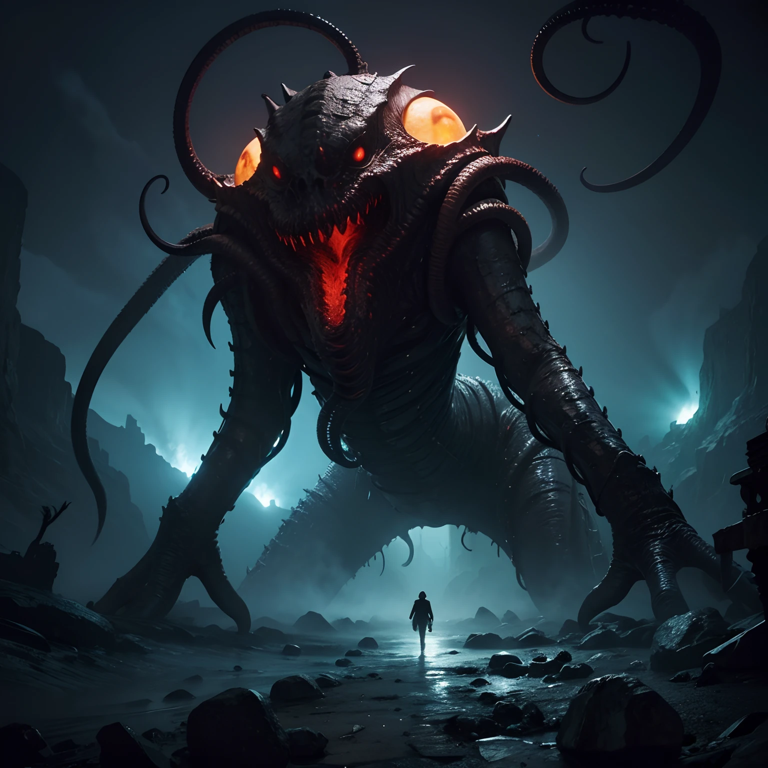 a slime humanoid, full length, red eyes all over the body, long tentacles, sharp teeth, Lovecraft aesthetics