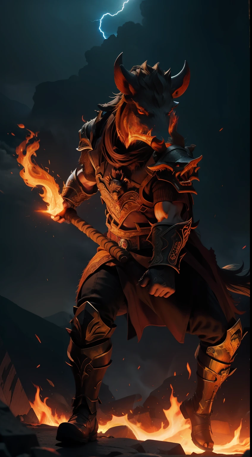 infernal-lord, wild-boar-head, flame-lava, fire-background, full-body, lightning-strike-on-the-left-background, cool
