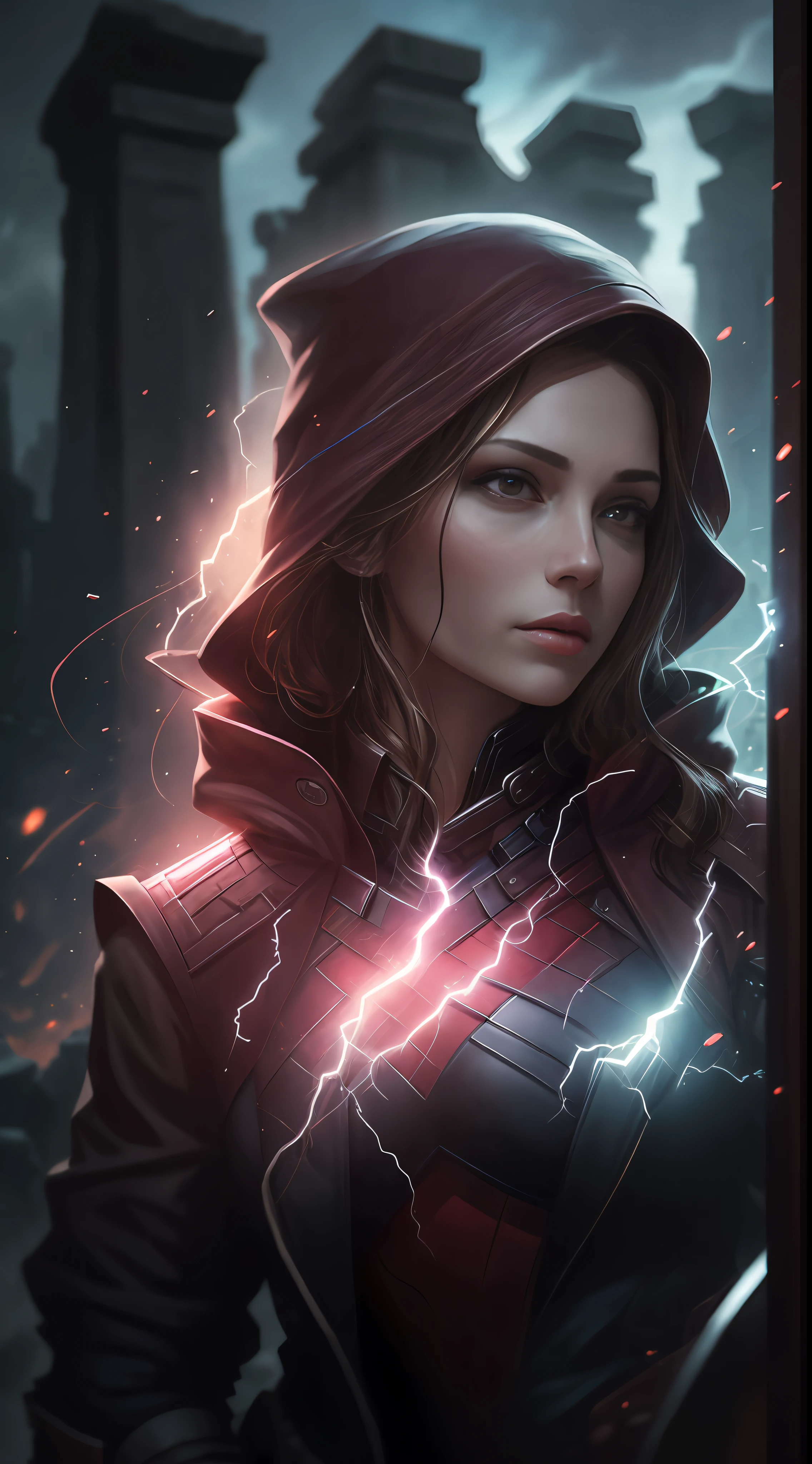 insane details, soft, (Realistic:1),(3d:1), (Highly detailed:1.2), Masterpiece, 8K UHD, Digital Art, photorealistic portrait illustration of Scarlet Witch from Marvel Comics, Wearing gaiters around the neck,facing viewer, looking a viewer,Glowing white eyes,Holding the soul, Dark ruins of an ancient temple in the background, Illuminated by blue light, Lightning in the background